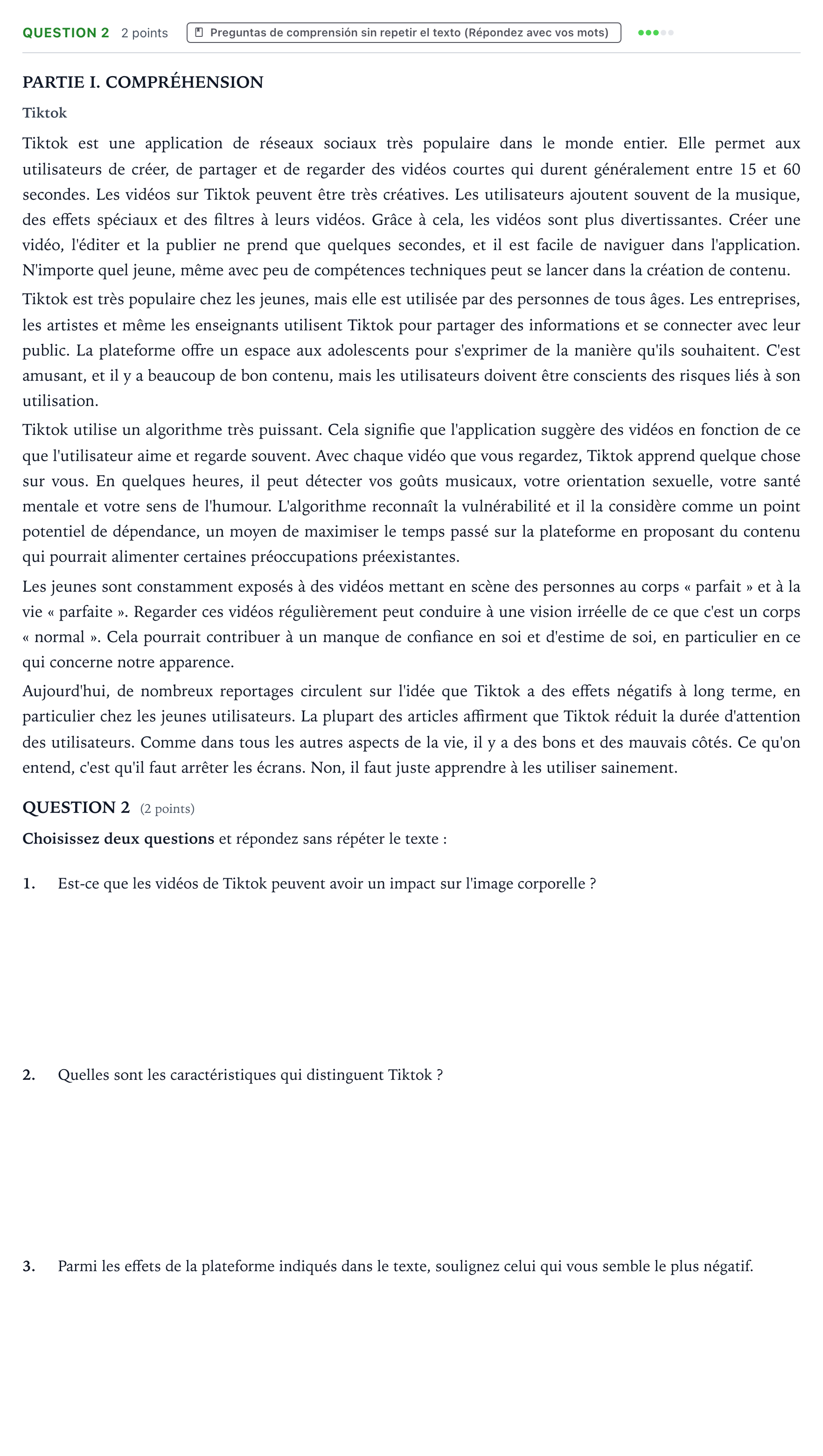 Enunciado: Question 2 · Francés PAU Castilla y León Ordinaria 2025