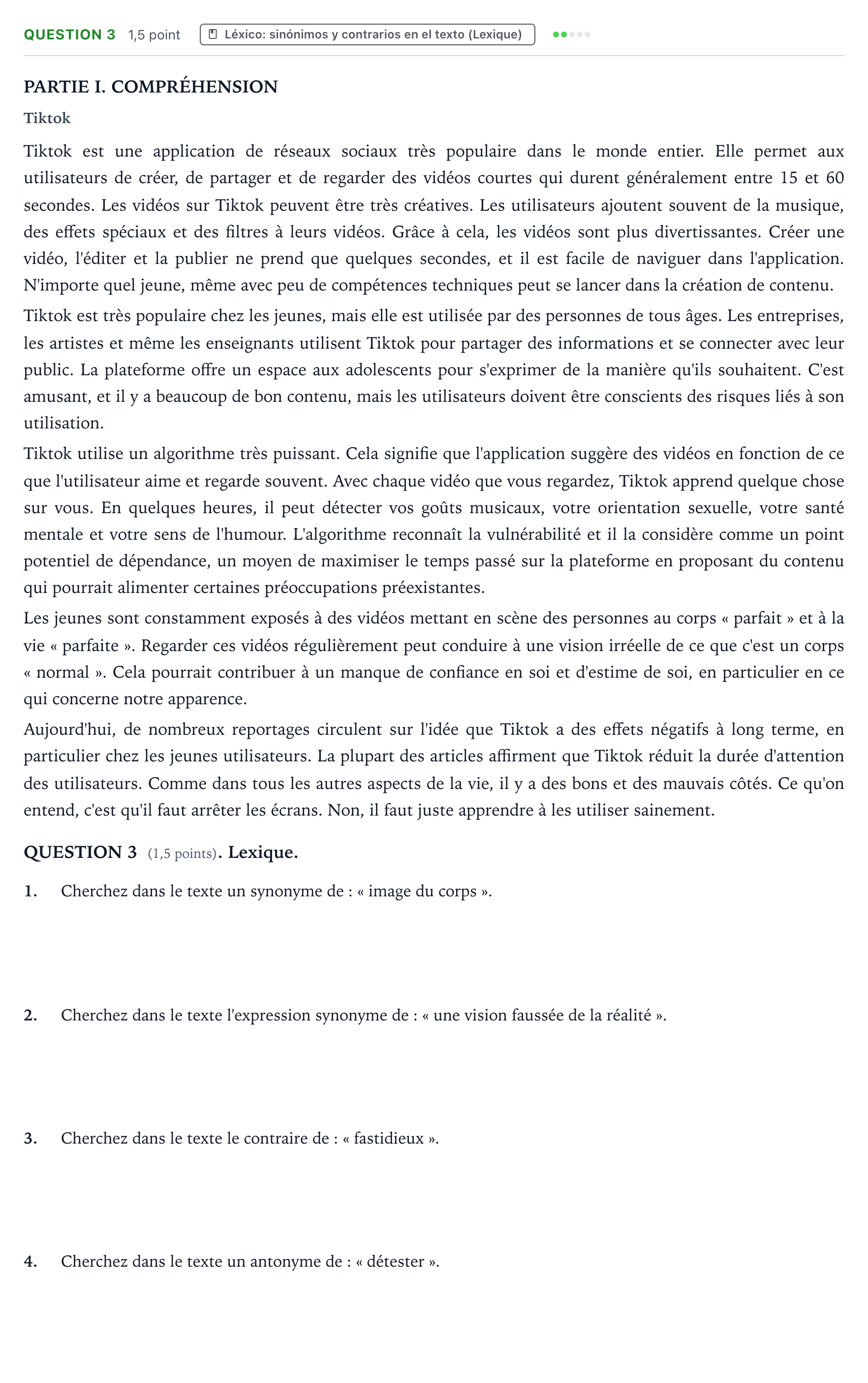 Enunciado: Question 3 · Francés PAU Castilla y León Ordinaria 2025