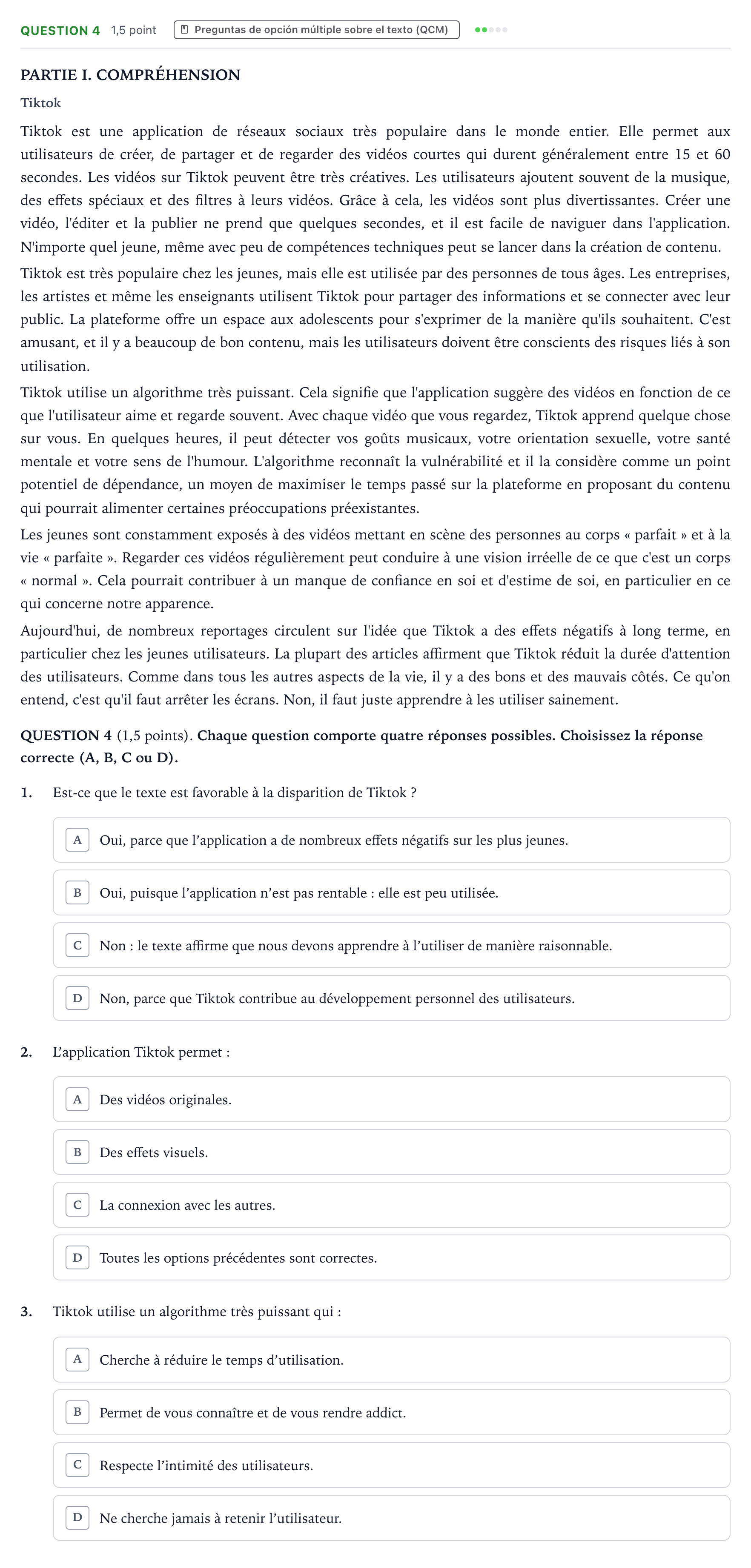 Enunciado: Question 4 · Francés PAU Castilla y León Ordinaria 2025