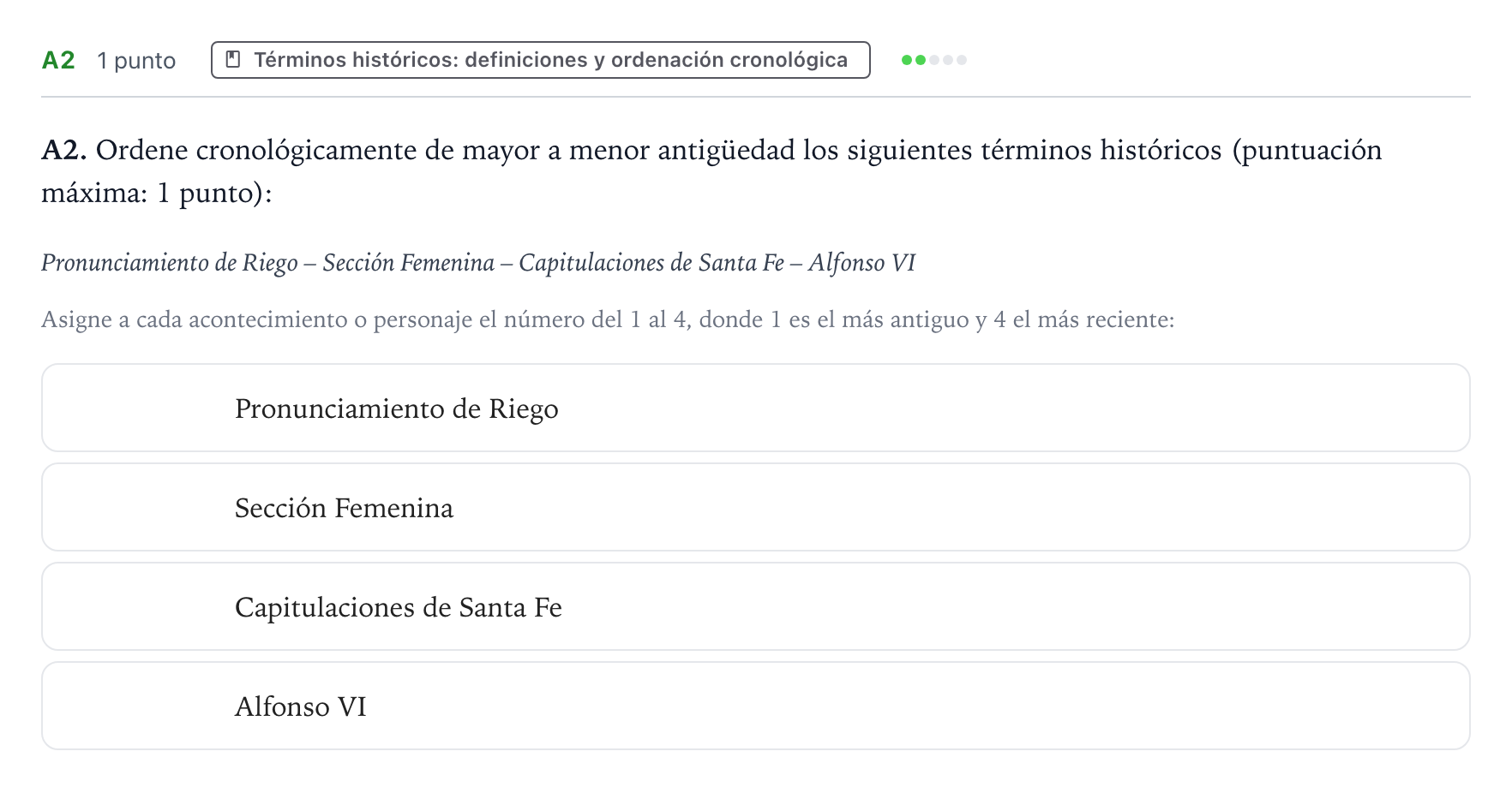 Enunciado: Ejercicio A2 · Historia de España PAU Castilla y León Extraordinaria 2025