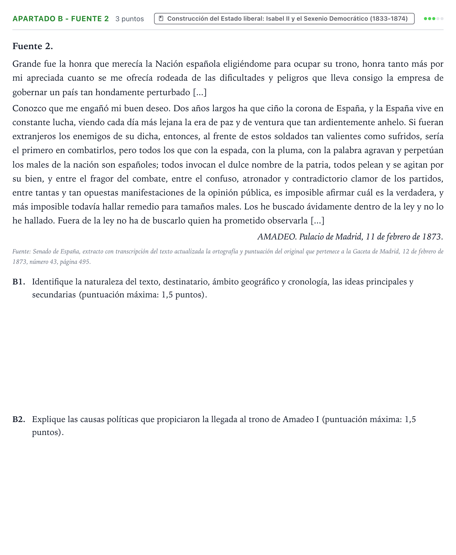 Enunciado: Apartado B - Fuente 2 · Historia de España PAU Castilla y León Ordinaria 2025