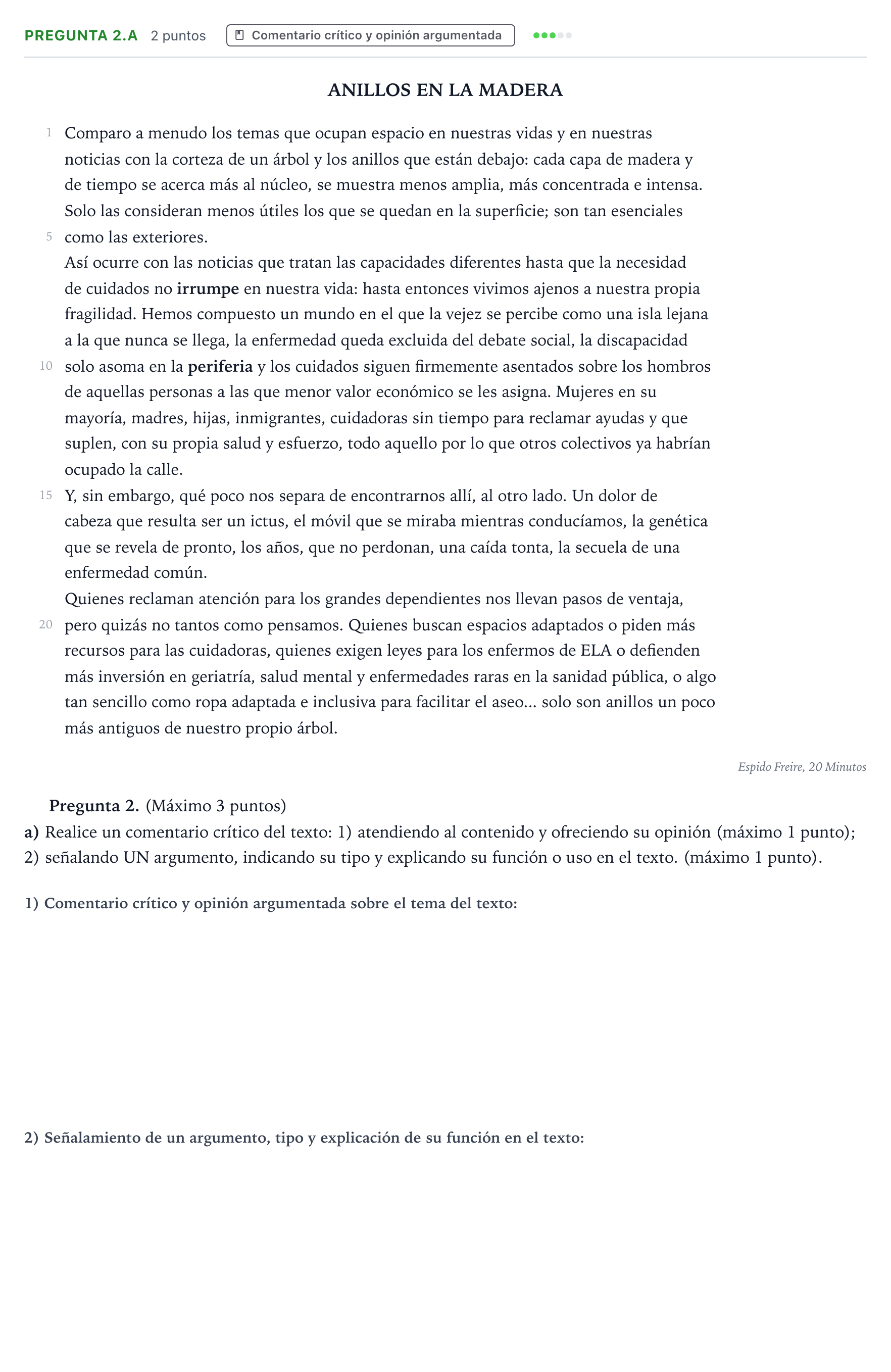 Enunciado: Pregunta 2.a · Lengua Castellana y Literatura II PAU Castilla y León Extraordinaria 2025