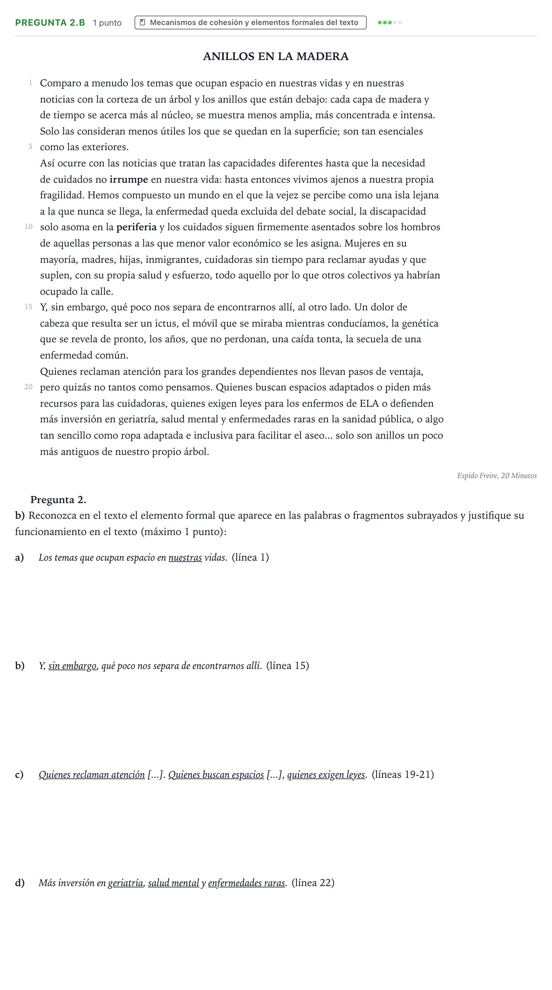 Enunciado: Pregunta 2.b · Lengua Castellana y Literatura II PAU Castilla y León Extraordinaria 2025