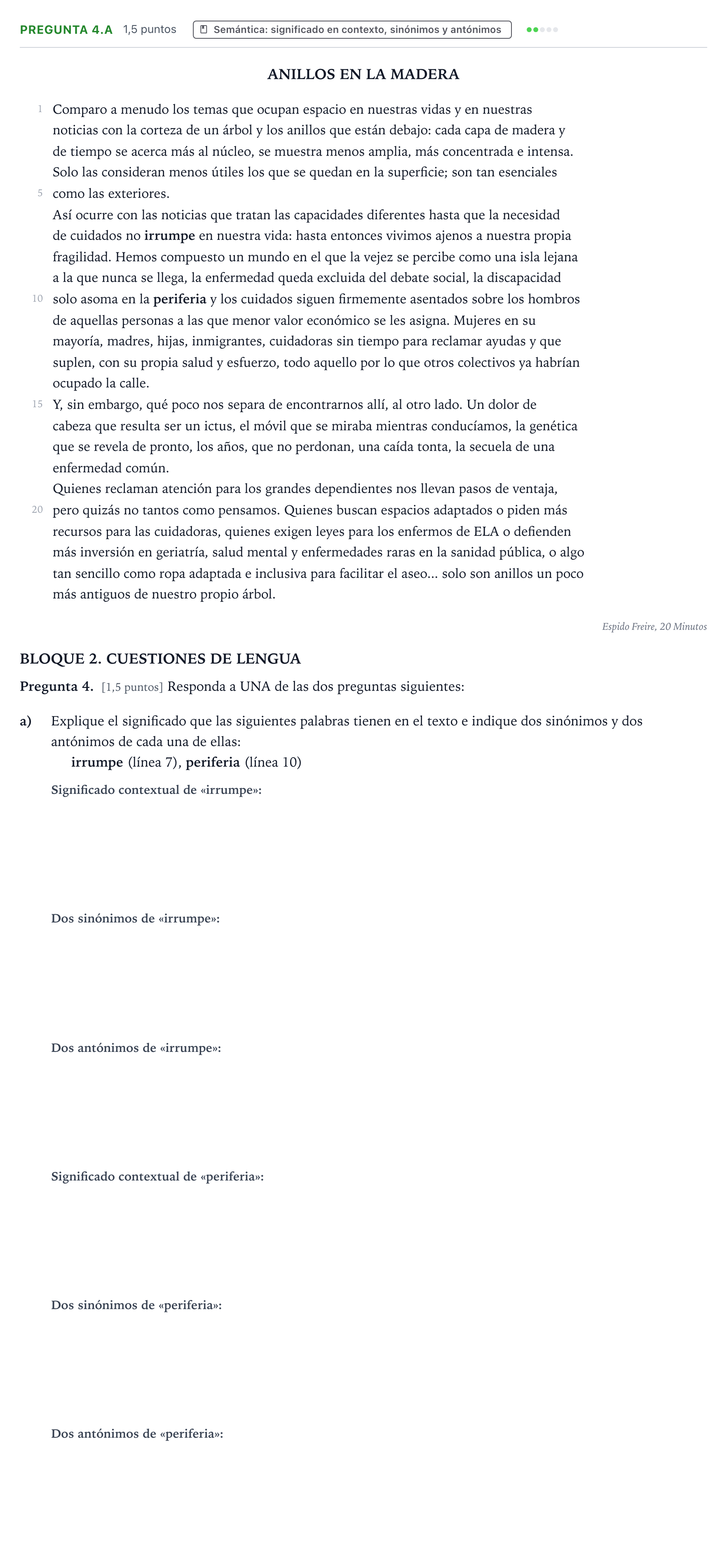 Enunciado: Pregunta 4.a · Lengua Castellana y Literatura II PAU Castilla y León Extraordinaria 2025