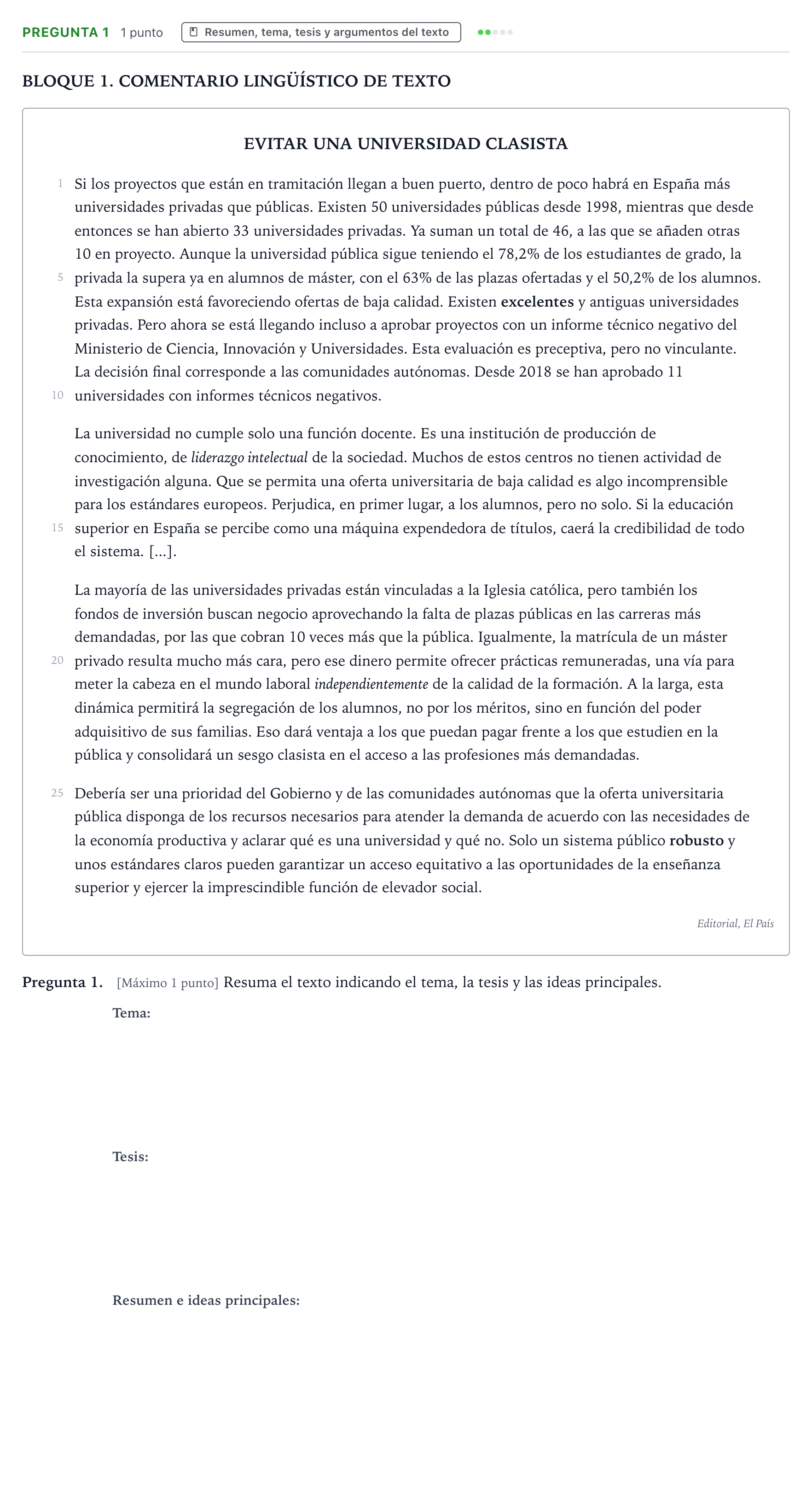 Enunciado: Pregunta 1 · Lengua Castellana y Literatura II PAU Castilla y León Ordinaria 2025