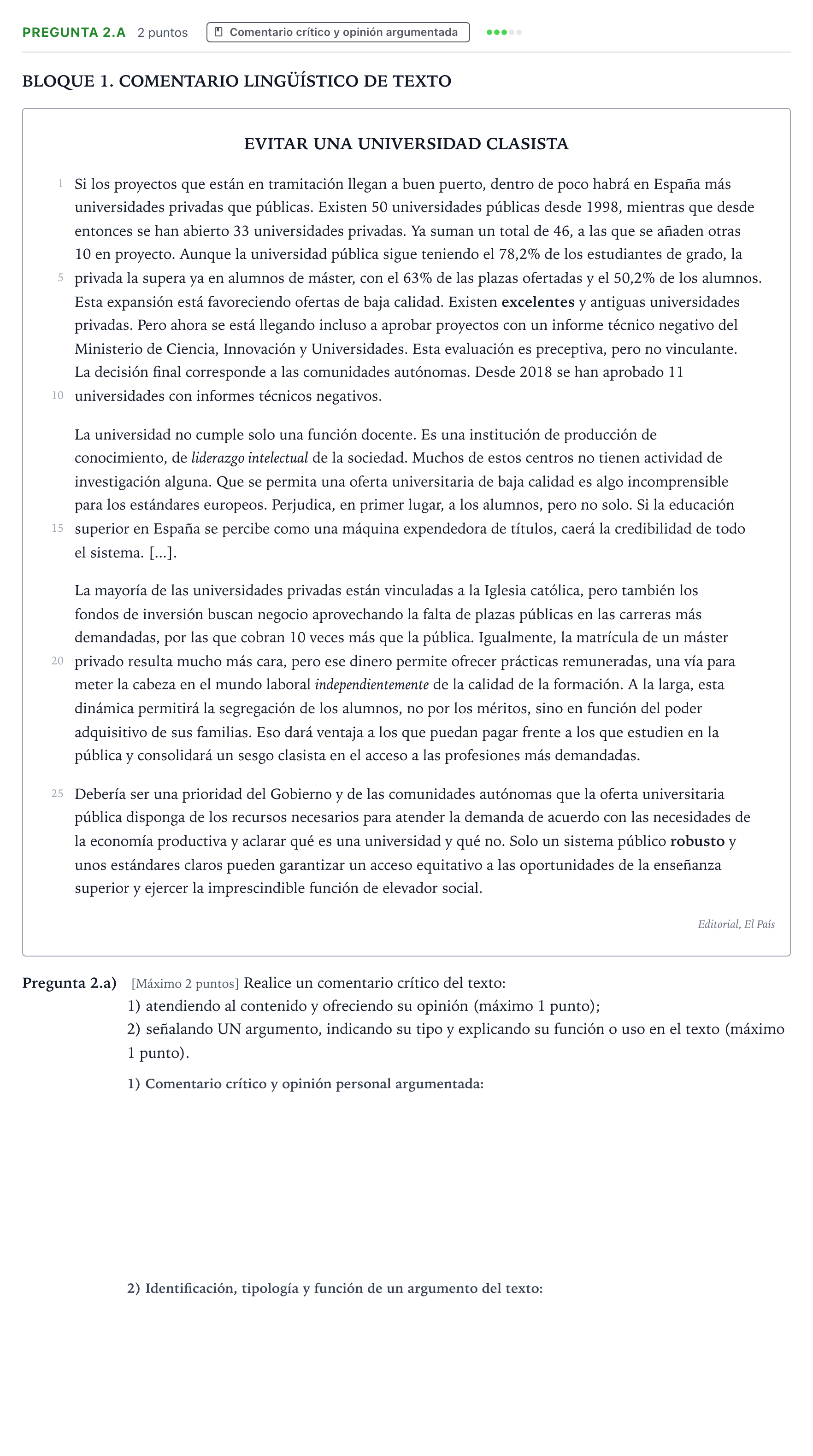 Enunciado: Pregunta 2.a · Lengua Castellana y Literatura II PAU Castilla y León Ordinaria 2025