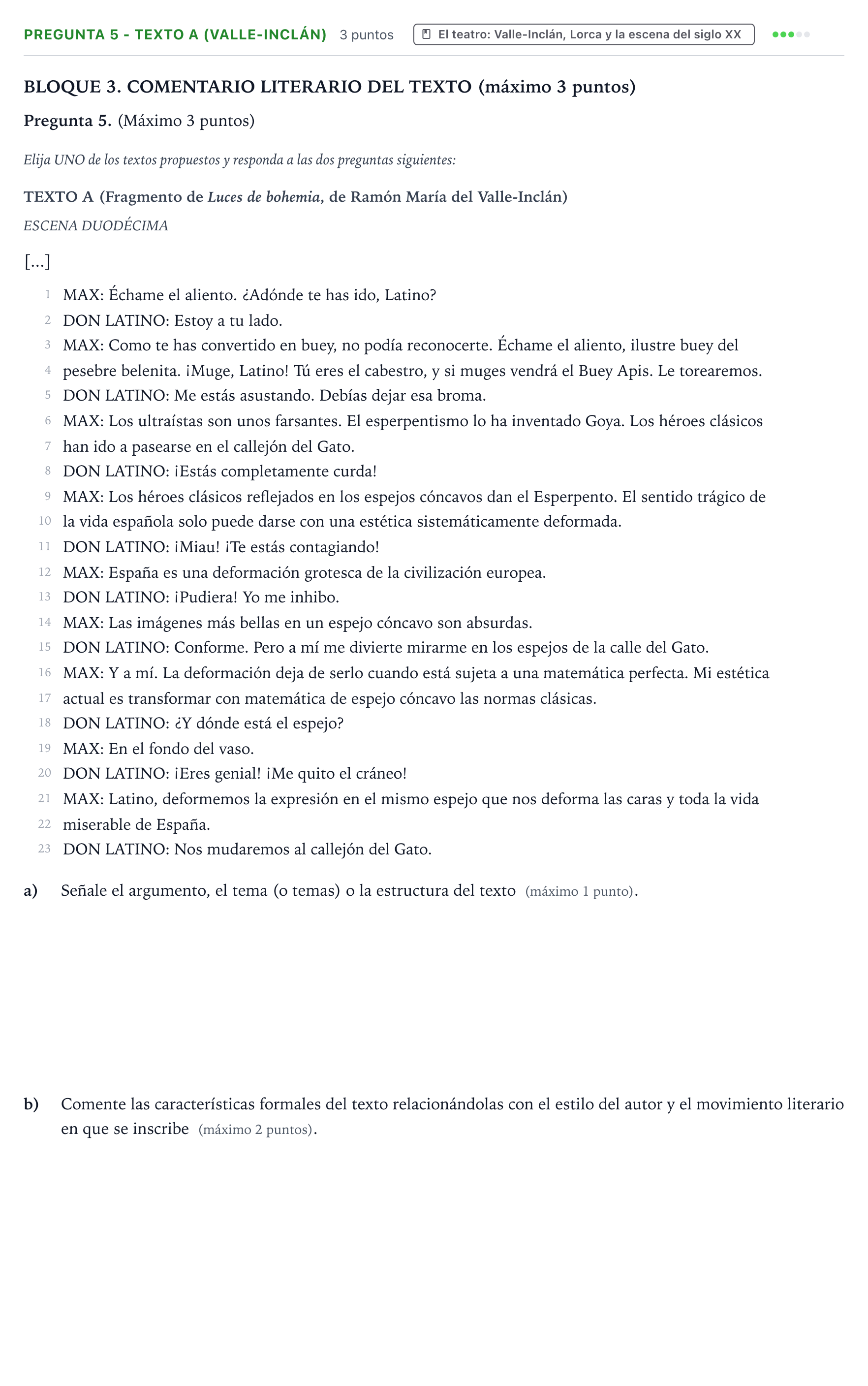 Enunciado: Pregunta 5 - Texto A (Valle-Inclán) · Lengua Castellana y Literatura II PAU Castilla y León Ordinaria 2025