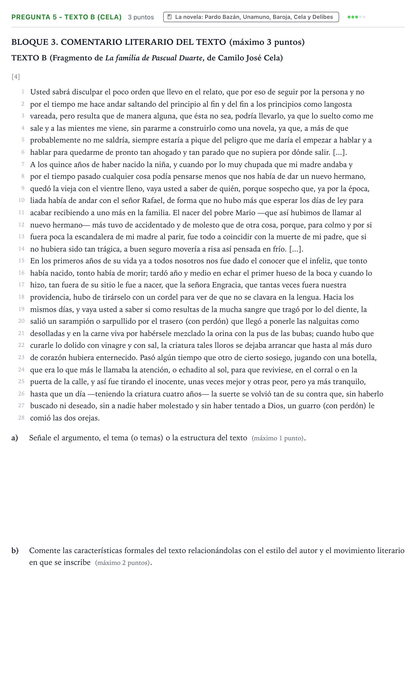 Enunciado: Pregunta 5 - Texto B (Cela) · Lengua Castellana y Literatura II PAU Castilla y León Ordinaria 2025