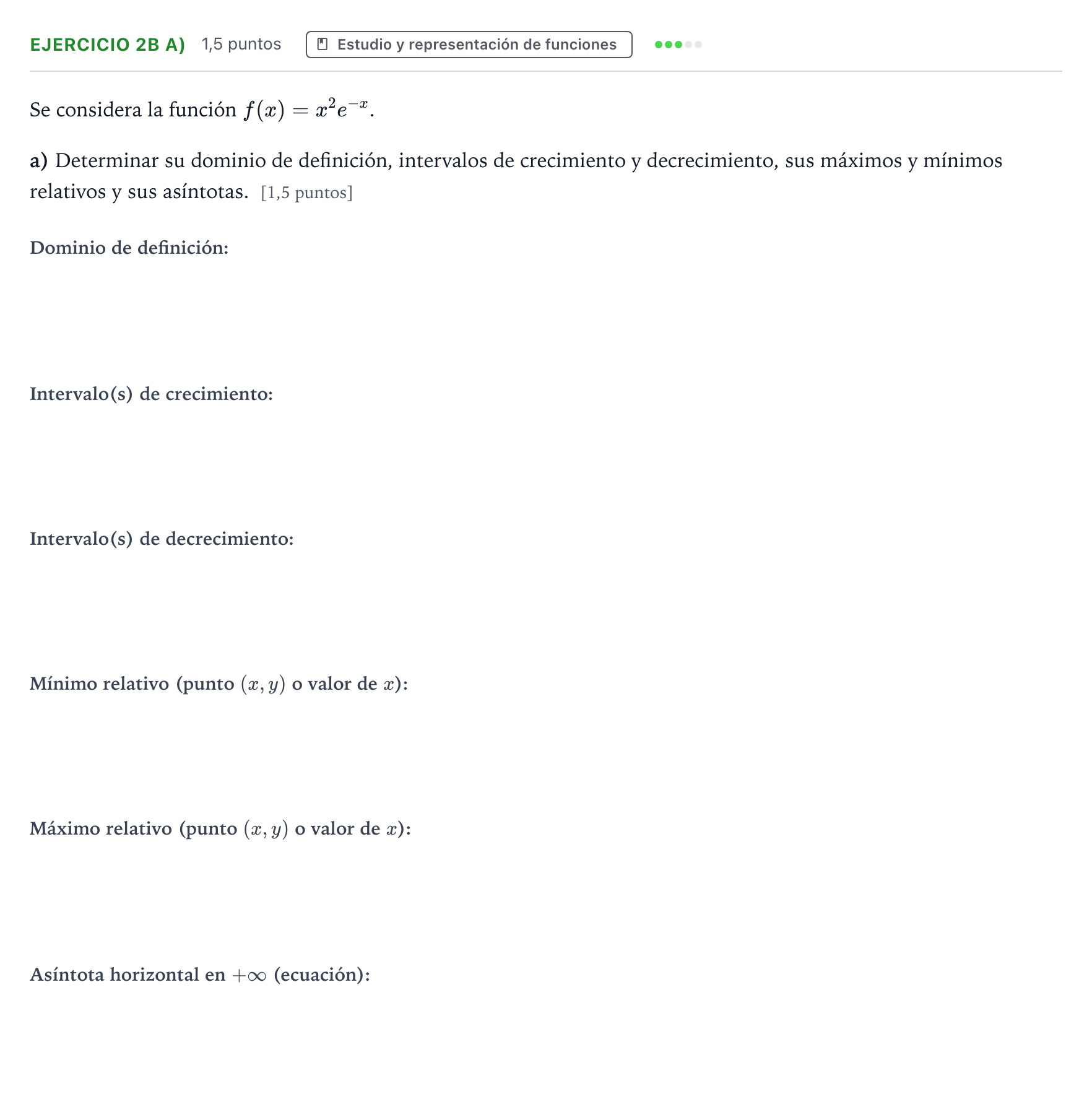 Enunciado: Ejercicio 2B a) - Estudio y representación de funciones · Matemáticas II PAU Castilla y León Extraordinaria 2025