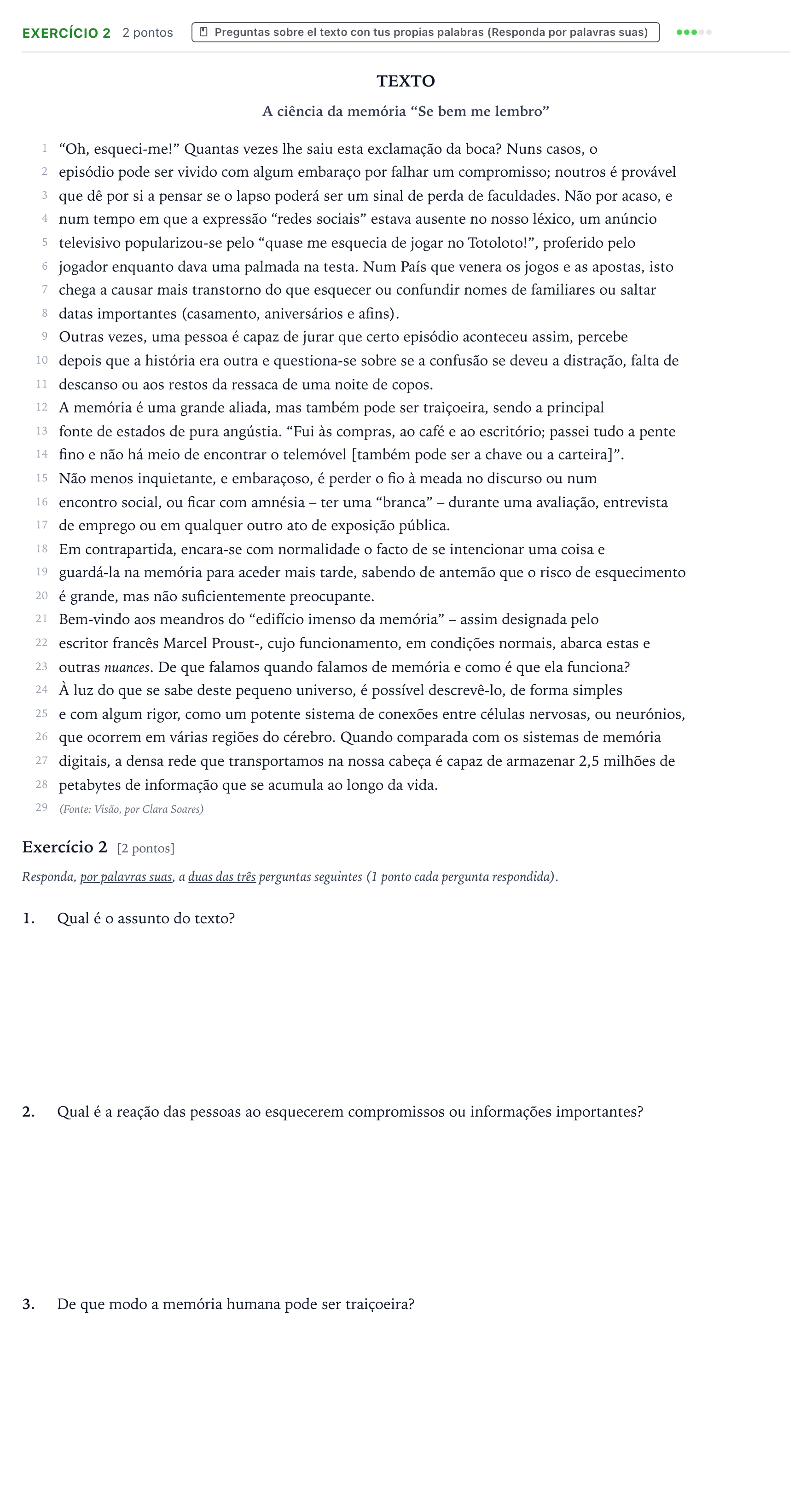 Enunciado: Ejercicio Exercício 2 · Portugués PAU Castilla y León Ordinaria 2025