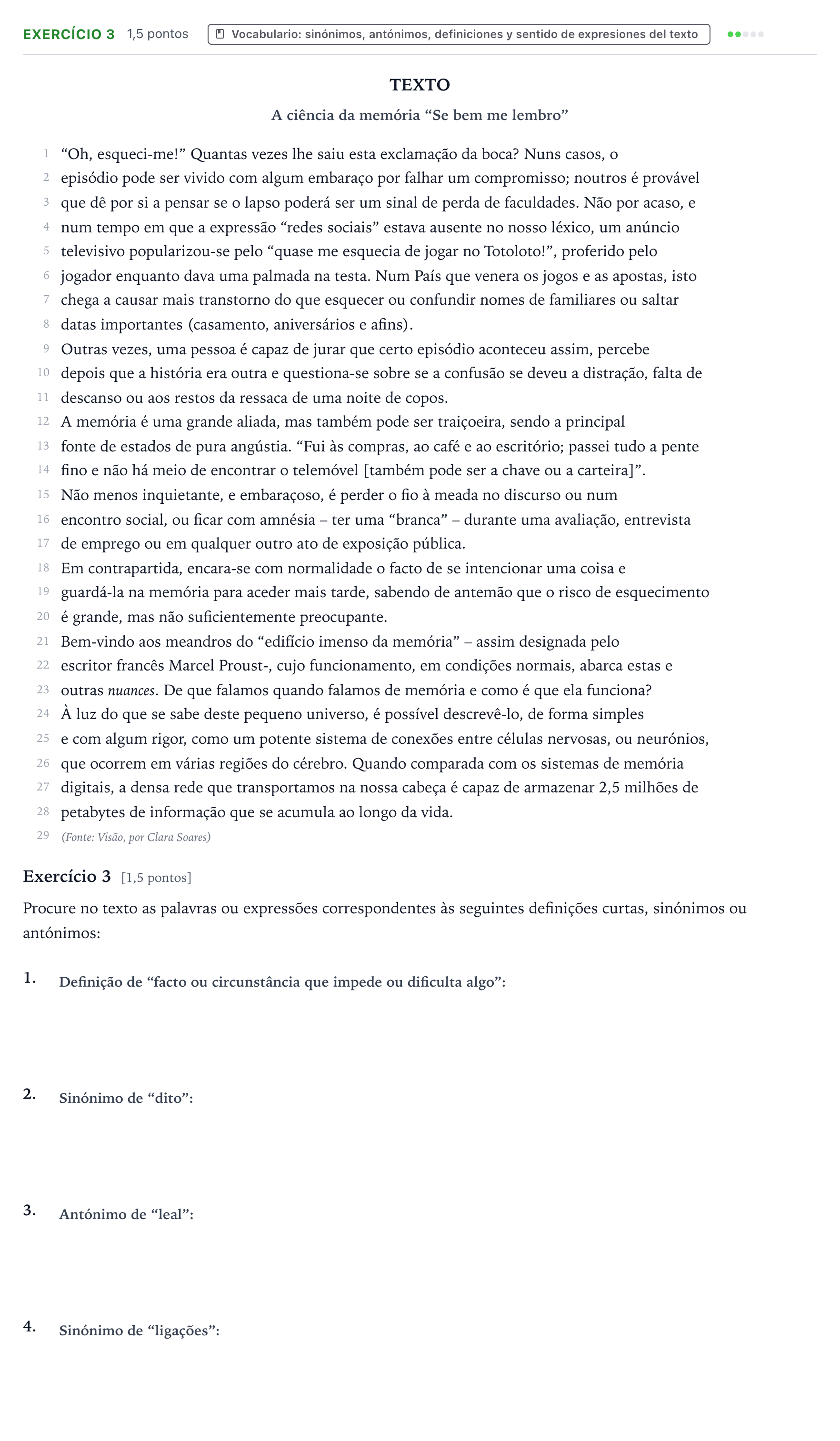 Enunciado: Ejercicio Exercício 3 · Portugués PAU Castilla y León Ordinaria 2025