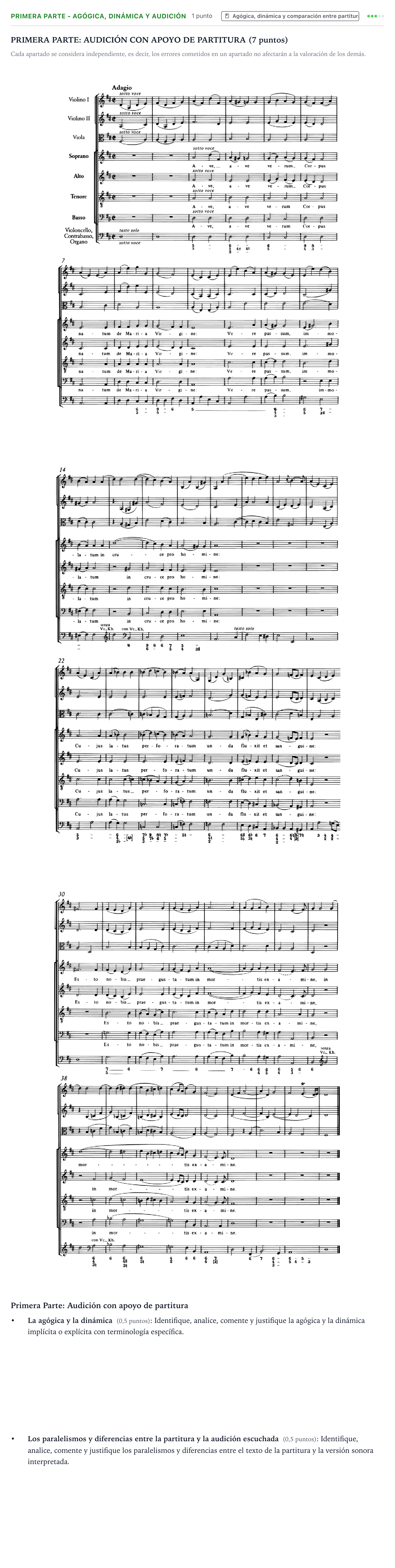 Enunciado: Ejercicio Primera Parte - Agógica, dinámica y audición · Análisis Musical II PAU Castilla y León Extraordinaria 2025