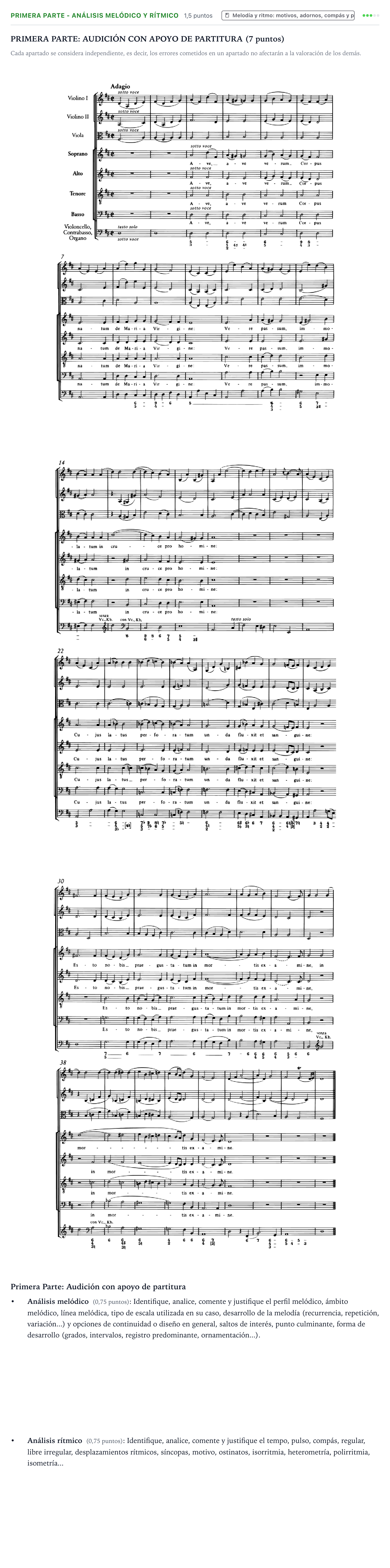 Enunciado: Ejercicio Primera Parte - Análisis melódico y rítmico · Análisis Musical II PAU Castilla y León Extraordinaria 2025