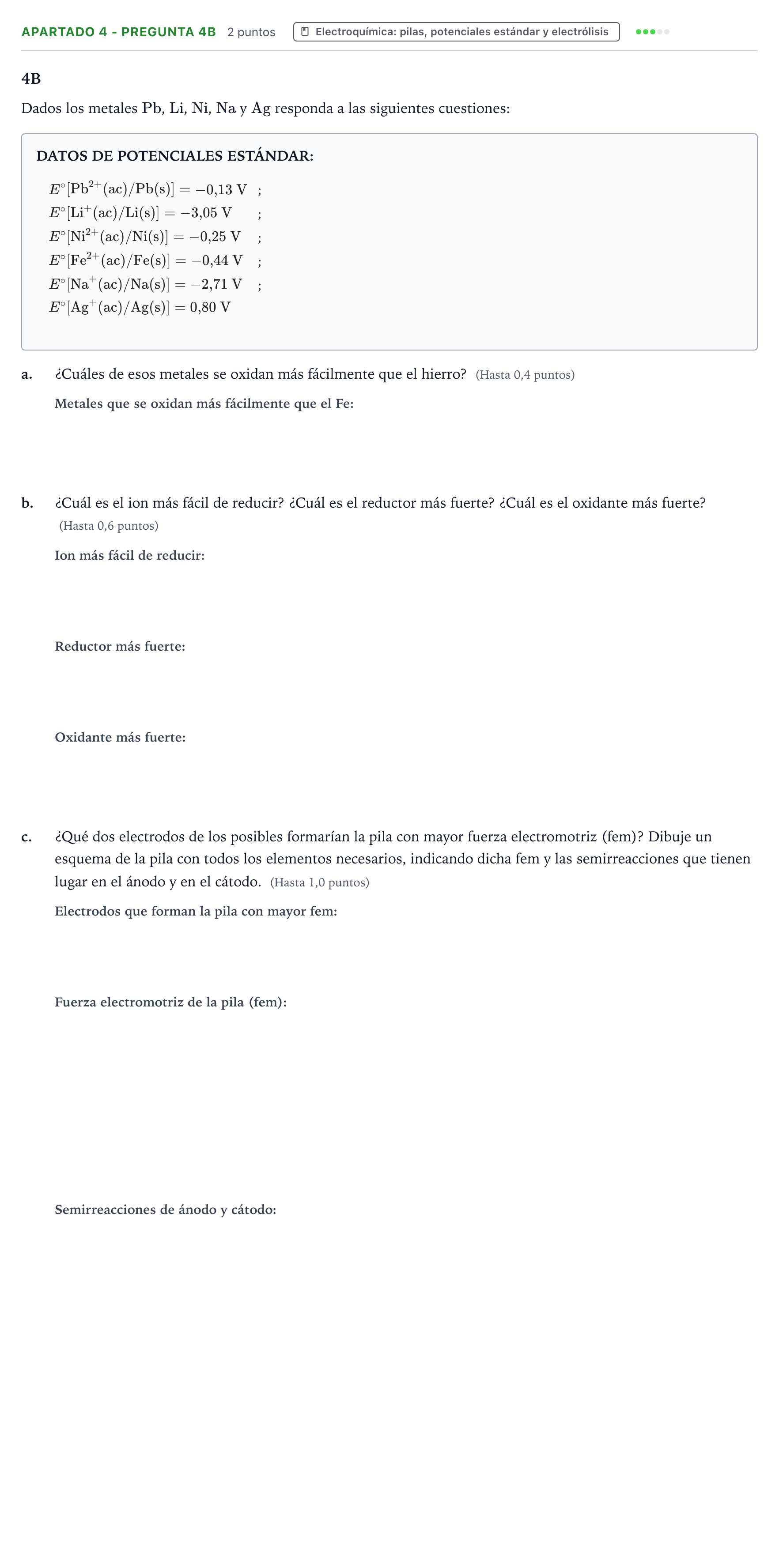 Enunciado: Apartado 4 - Pregunta 4B · Química PAU Castilla y León Ordinaria 2025