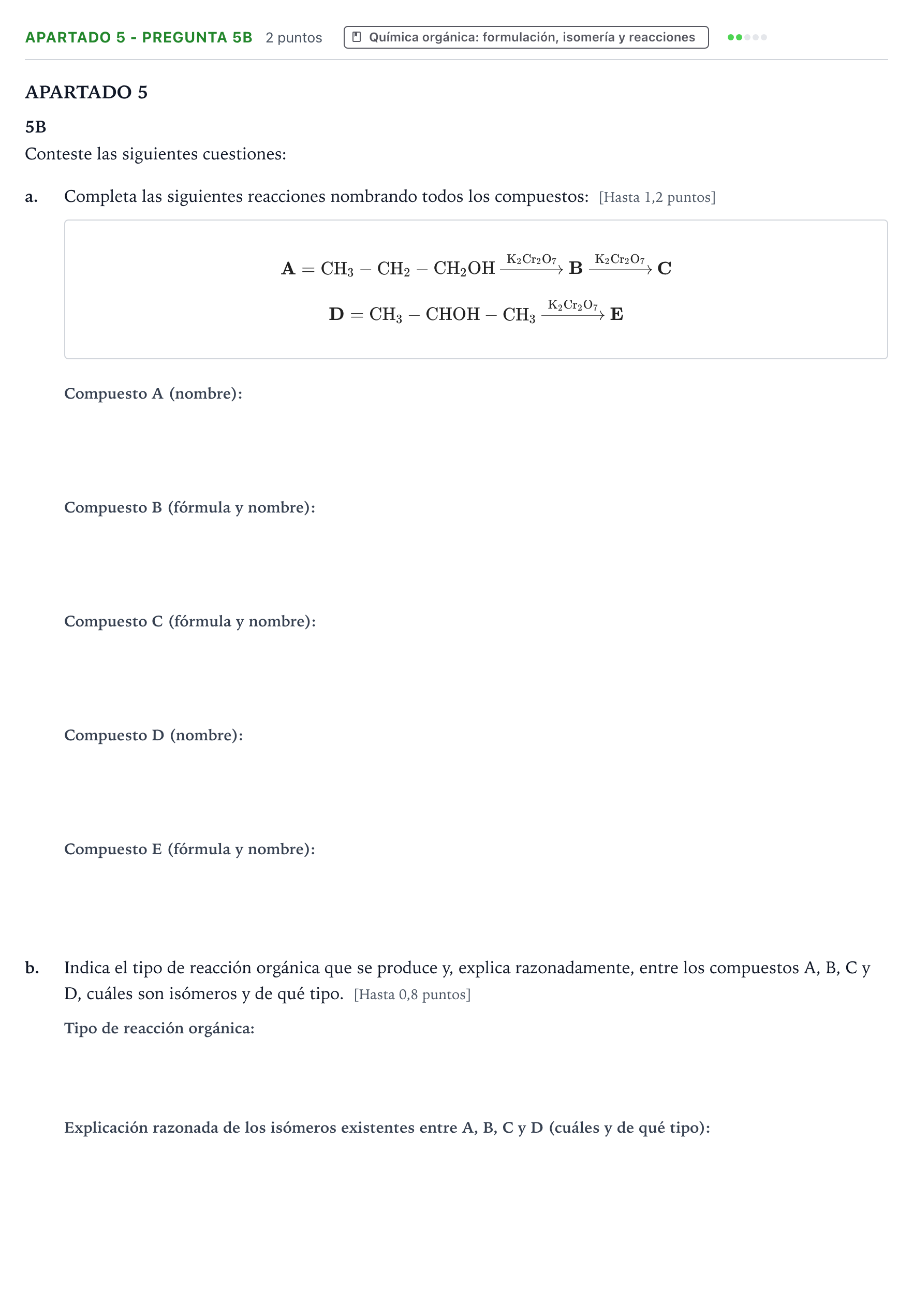 Enunciado: Apartado 5 - Pregunta 5B · Química PAU Castilla y León Ordinaria 2025