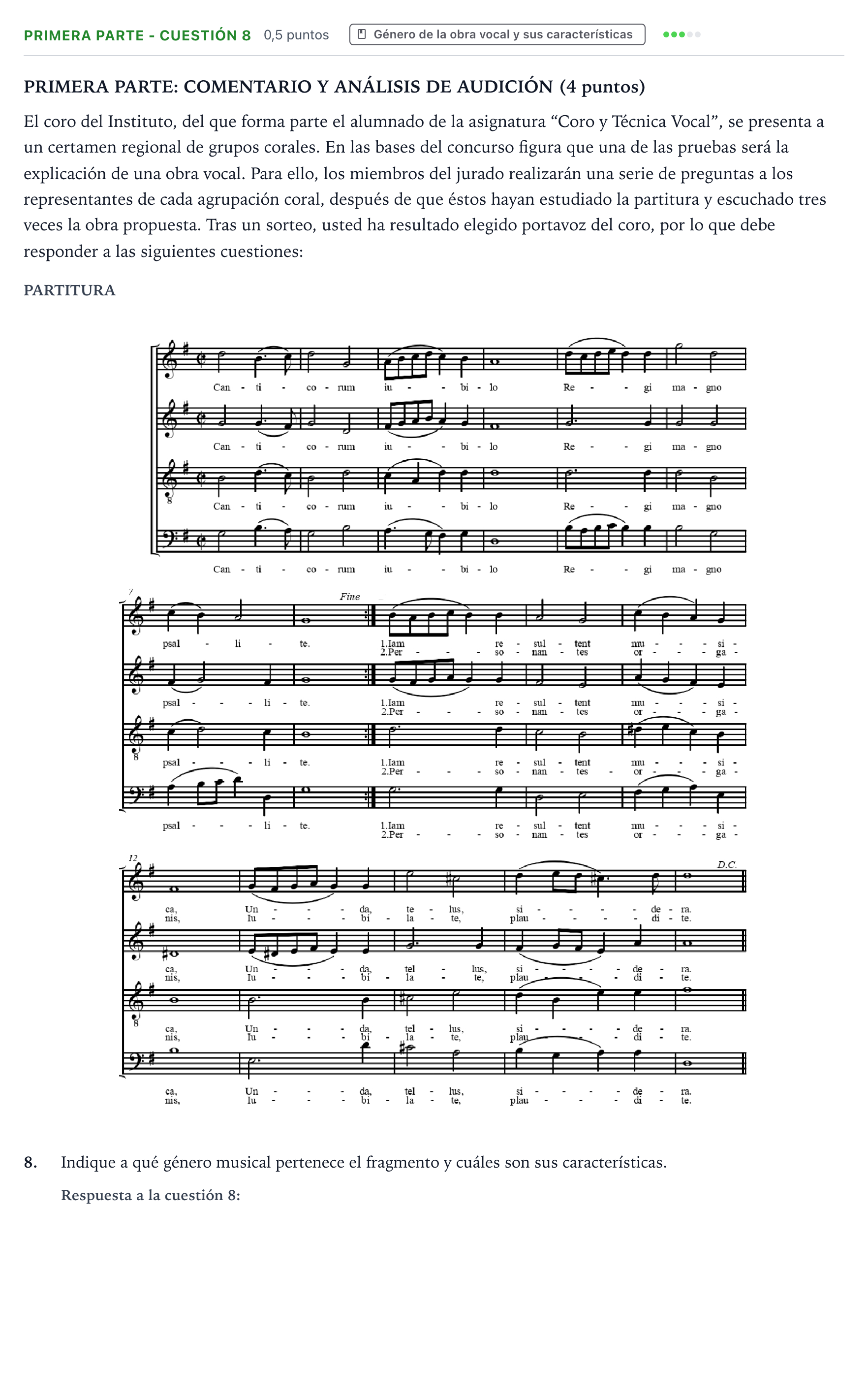 Enunciado: Ejercicio Primera Parte - Cuestión 8 · Coro y Técnica Vocal PAU Castilla y León Ordinaria 2025