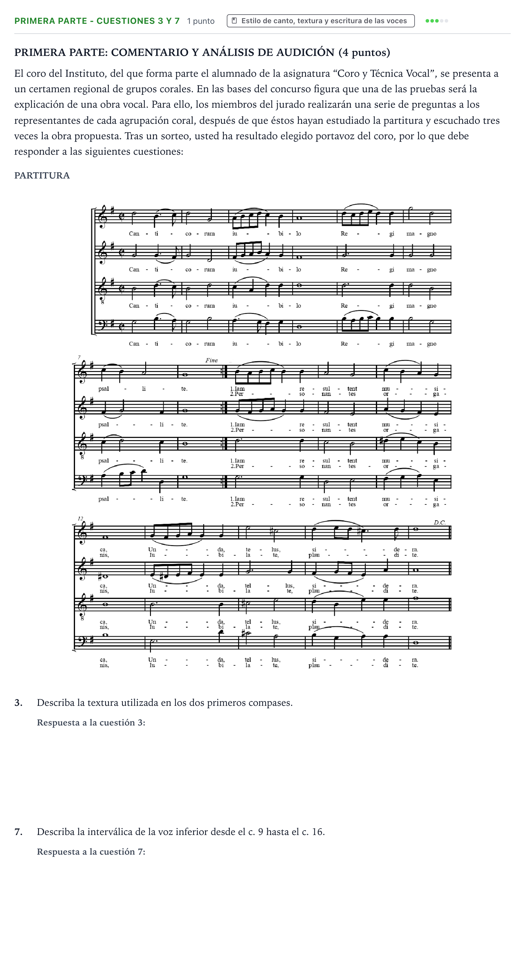 Enunciado: Ejercicio Primera Parte - Cuestiones 3 y 7 · Coro y Técnica Vocal PAU Castilla y León Ordinaria 2025