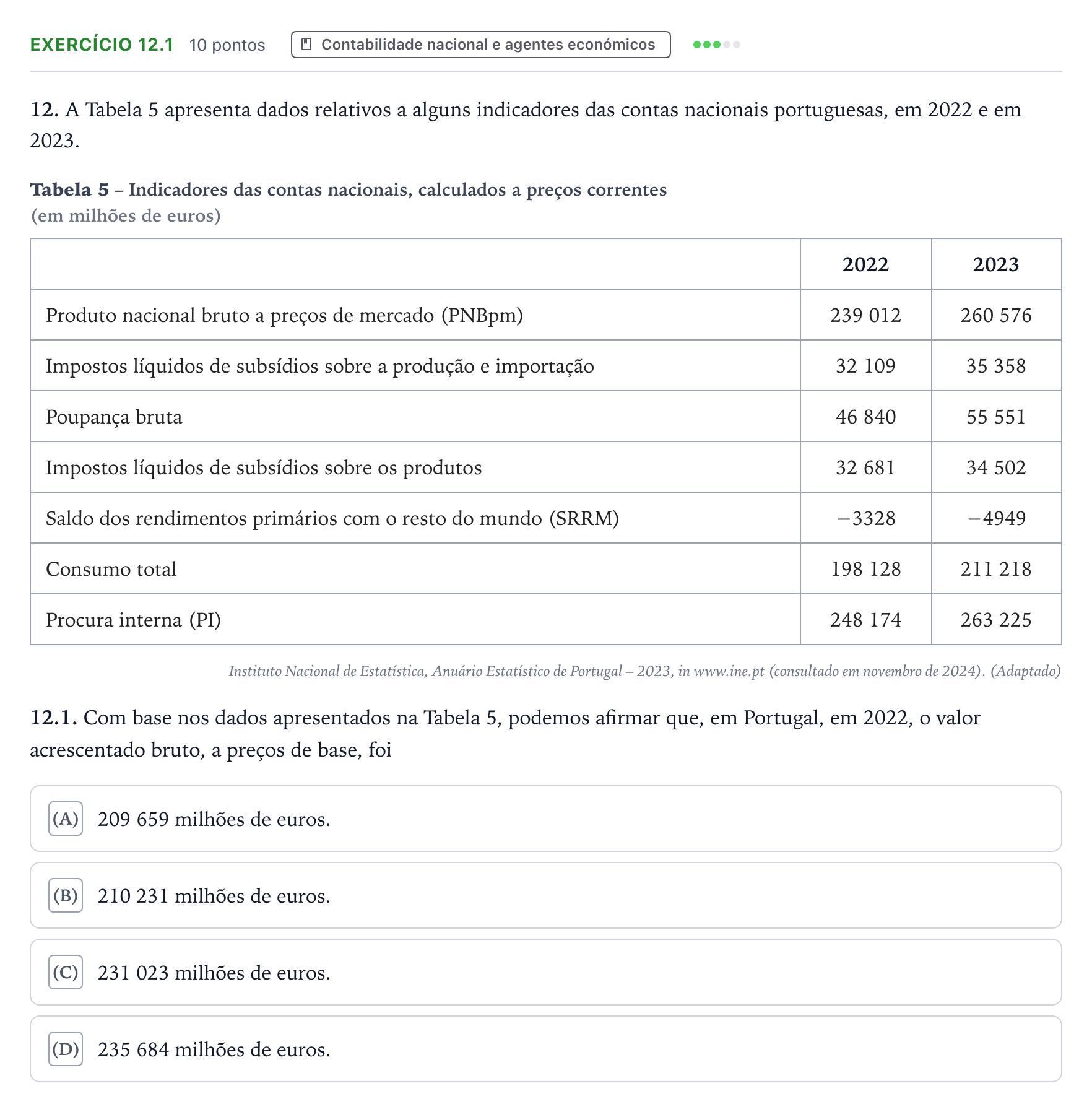Enunciado: Exercício 12.1 · Exame Nacional Economia A Época especial 2025