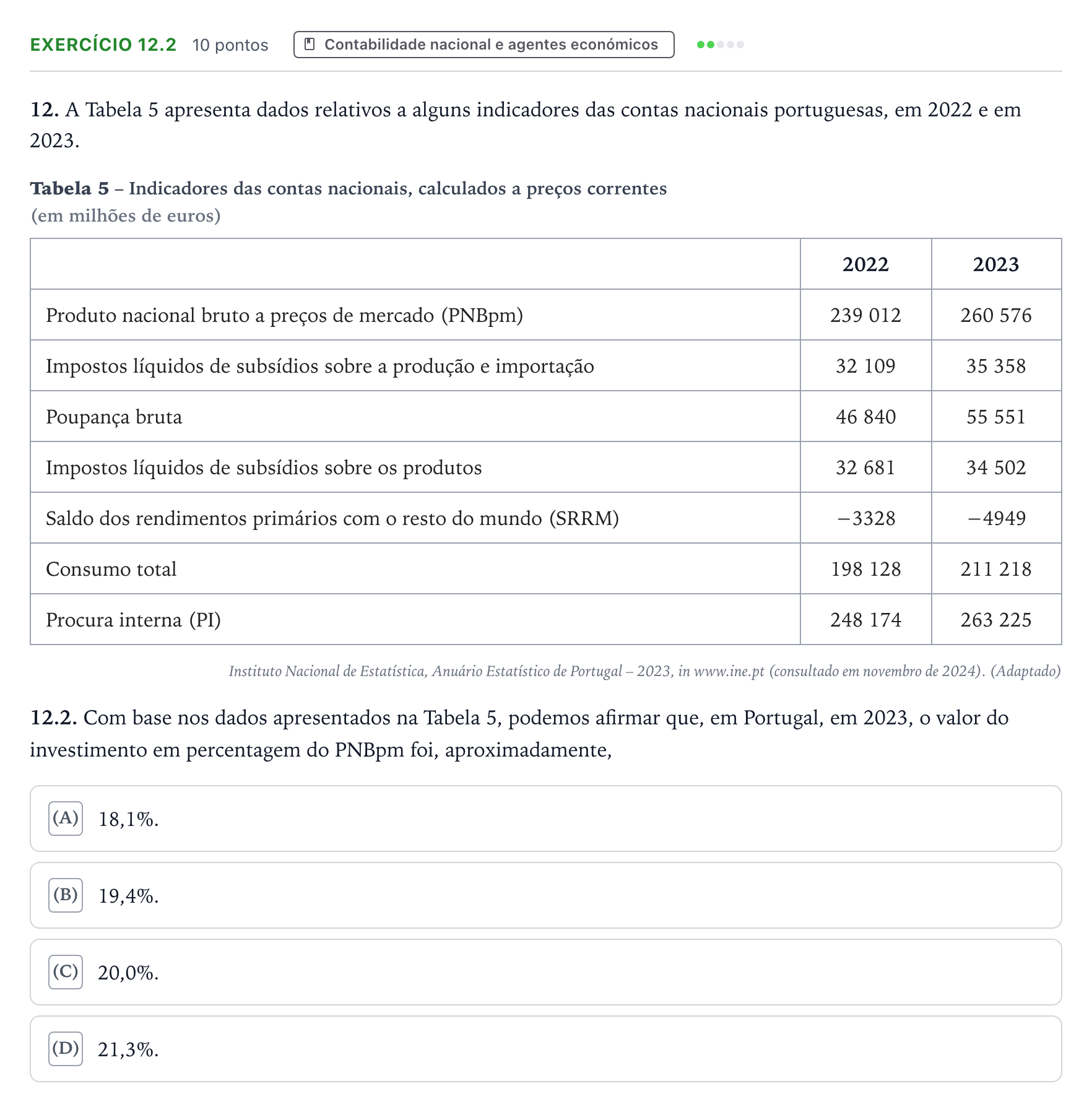 Enunciado: Exercício 12.2 · Exame Nacional Economia A Época especial 2025