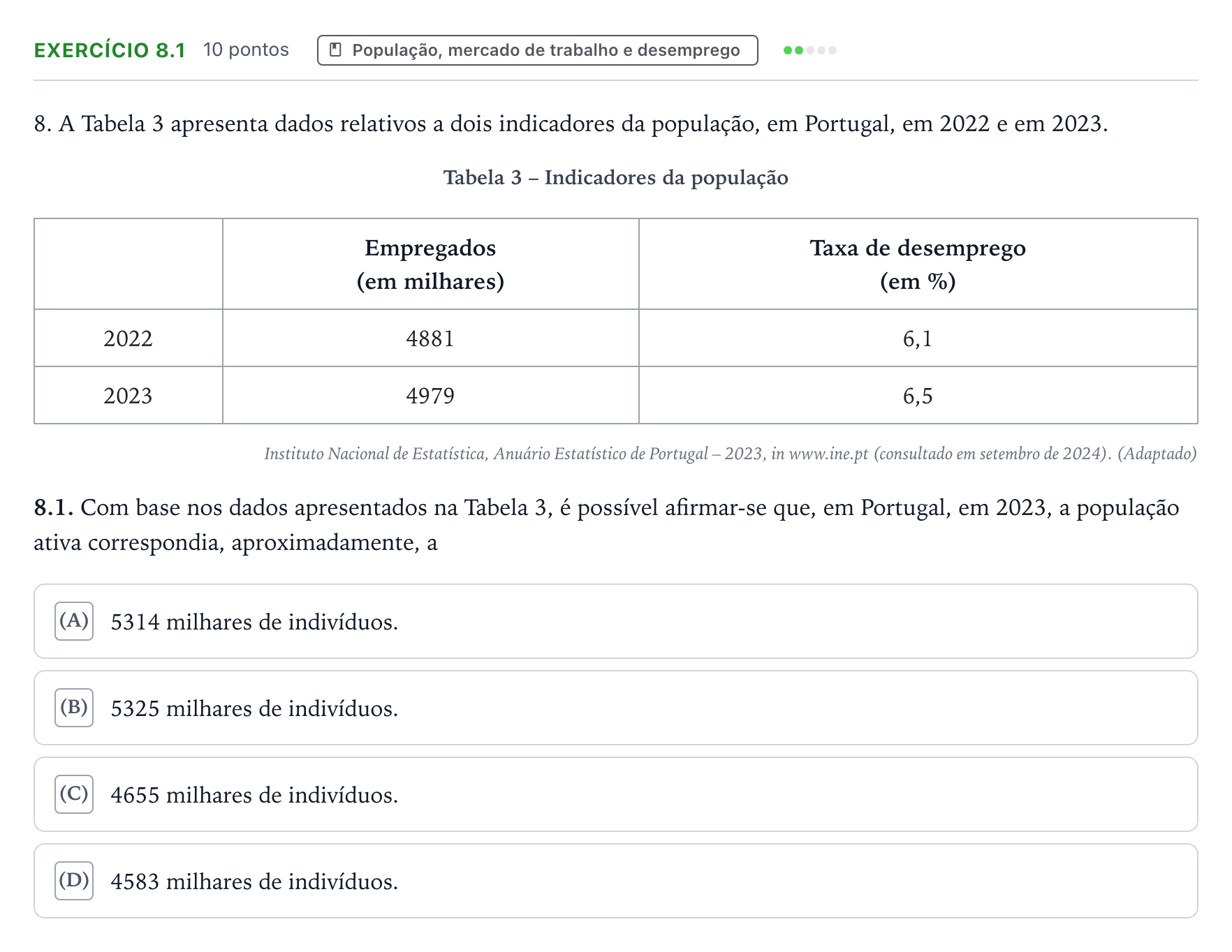 Enunciado: Exercício 8.1 · Exame Nacional Economia A Época especial 2025
