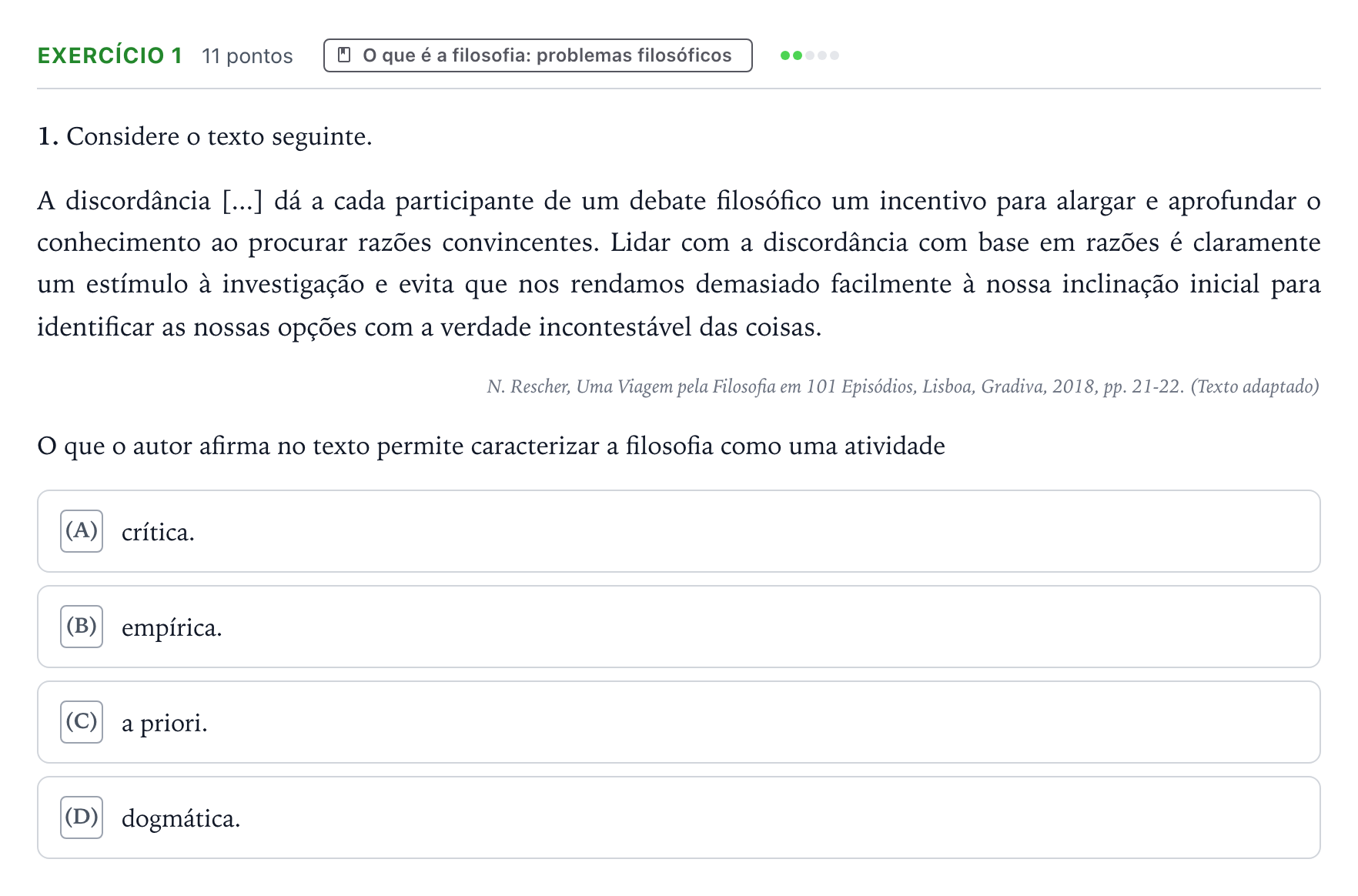 Enunciado: Exercício 1 · Exame Nacional Filosofia Época especial 2025