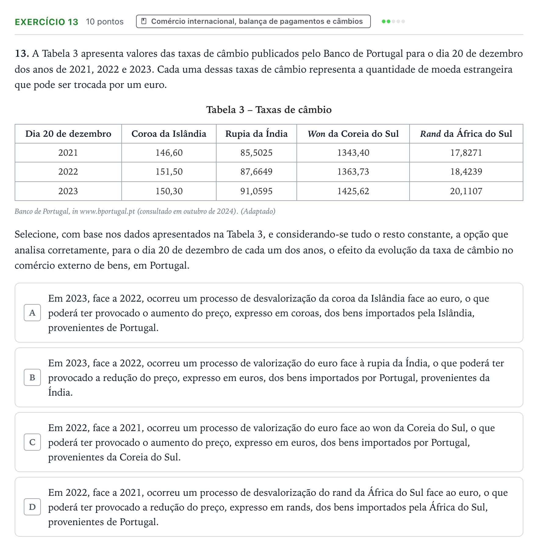 Enunciado: Exercício 13 · Exame Nacional Economia A 1.ª fase 2025