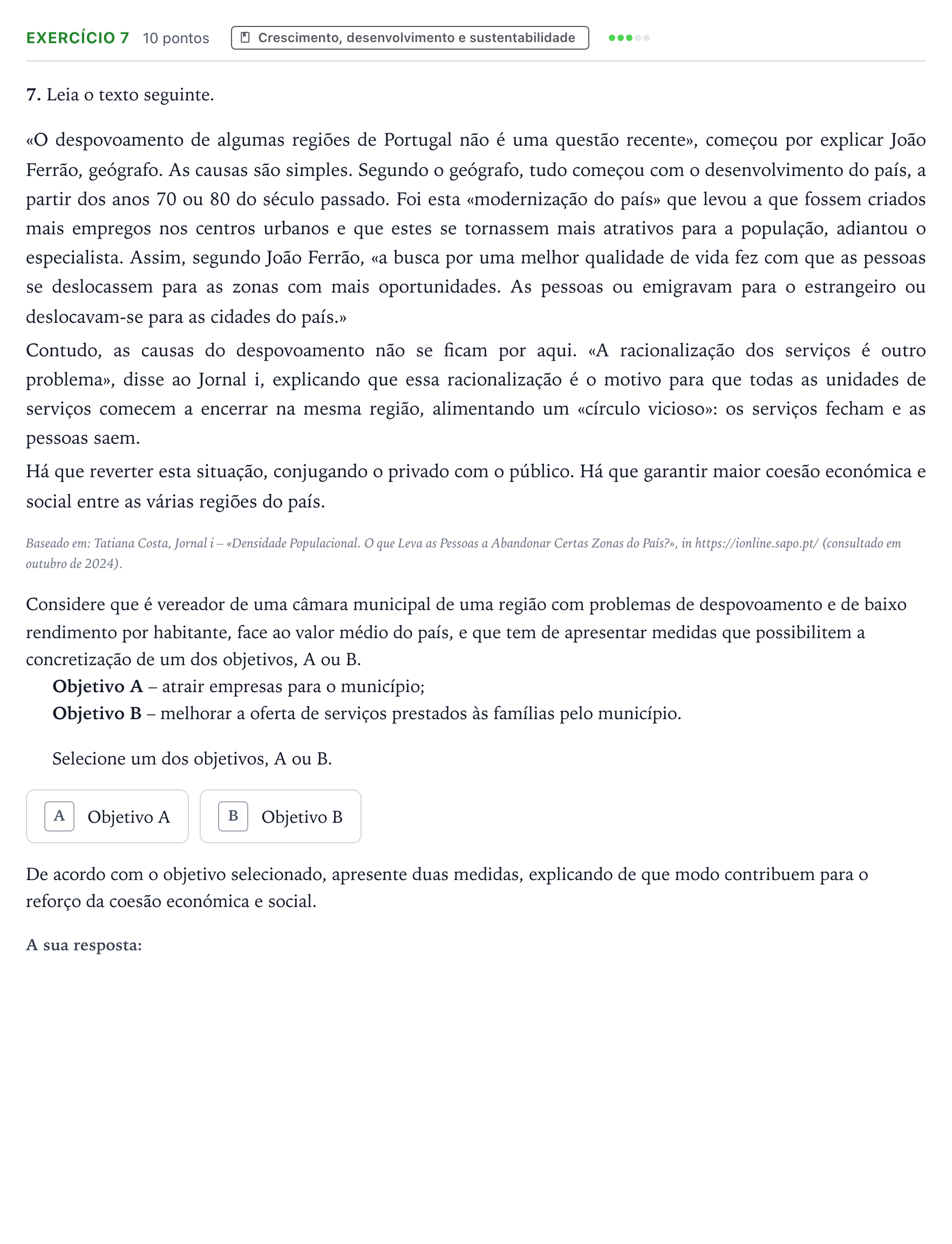 Enunciado: Exercício 7 · Exame Nacional Economia A 1.ª fase 2025