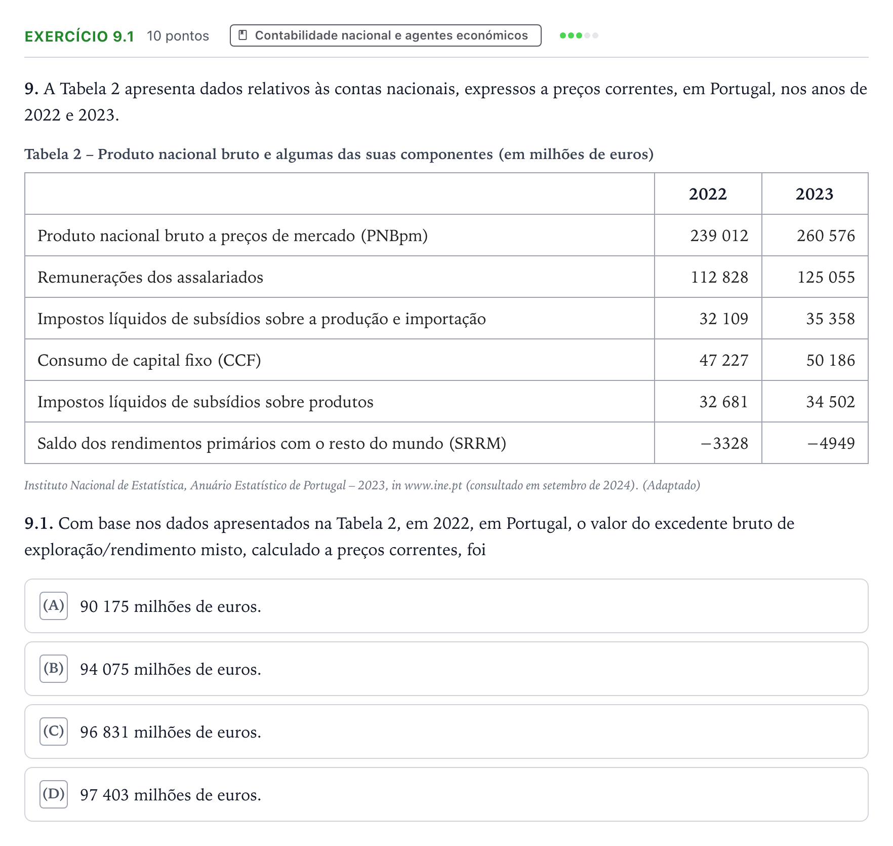 Enunciado: Exercício 9.1 · Exame Nacional Economia A 1.ª fase 2025