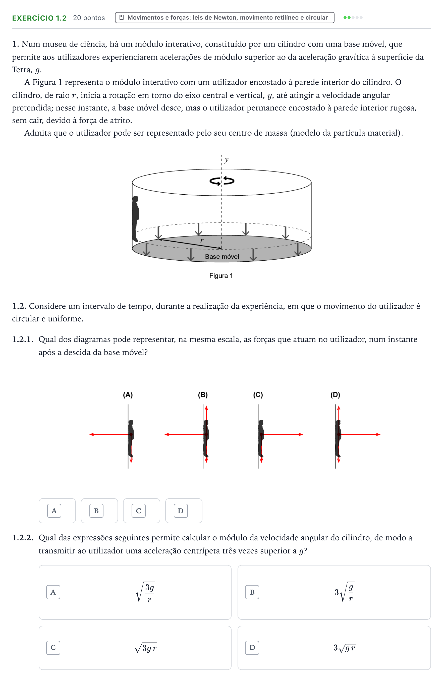 Enunciado: Exercício 1.2 - Movimentos e forças · Exame Nacional Física e Química A 1.ª fase 2025