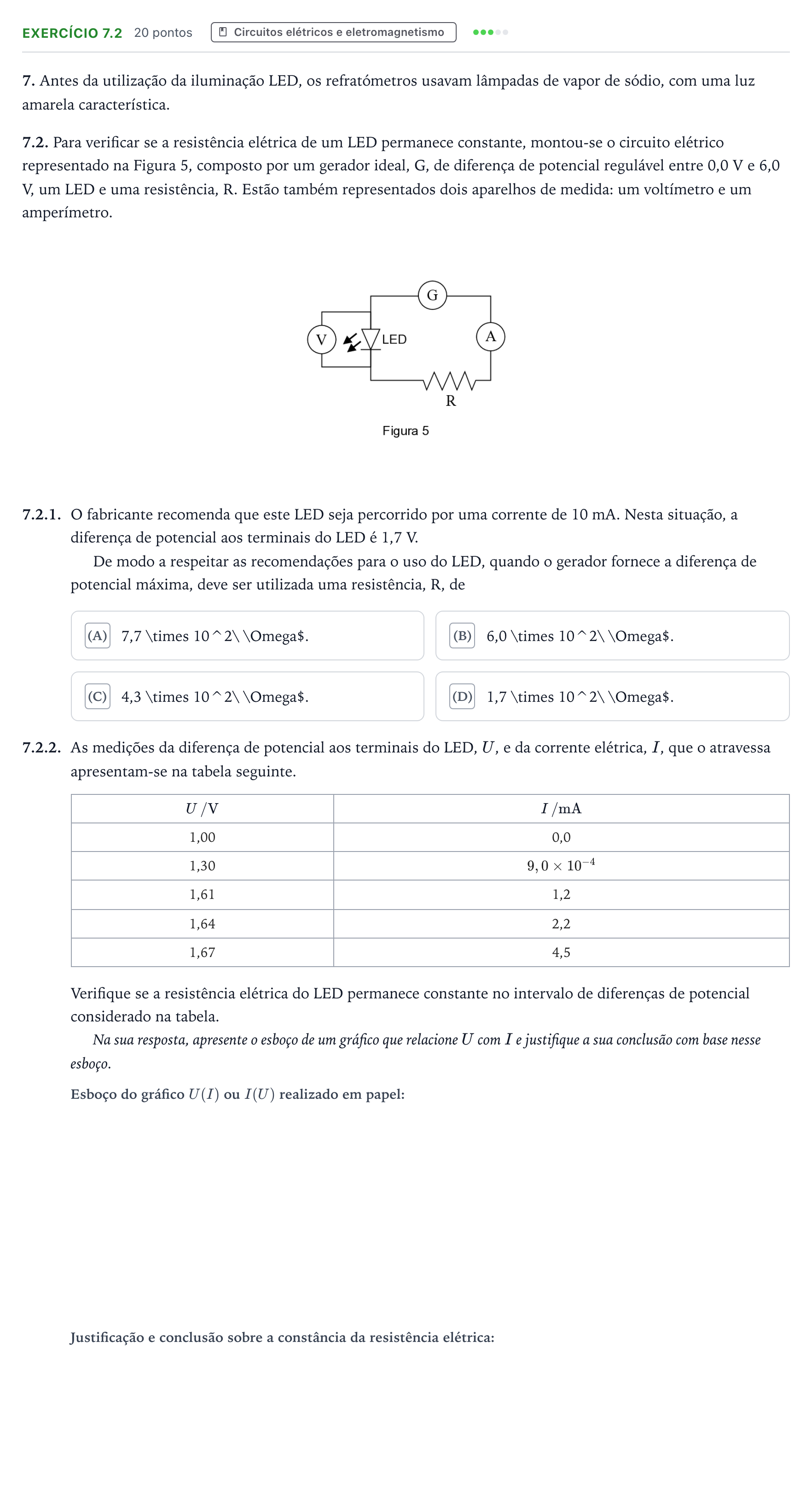 Enunciado: Exercício 7.2 - Circuitos elétricos e eletromagnetismo · Exame Nacional Física e Química A 1.ª fase 2025