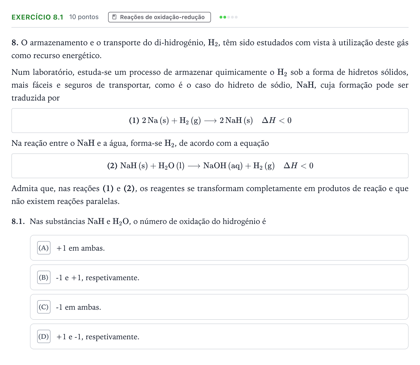 Enunciado: Exercício 8.1 - Reações de oxidação-redução · Exame Nacional Física e Química A 1.ª fase 2025