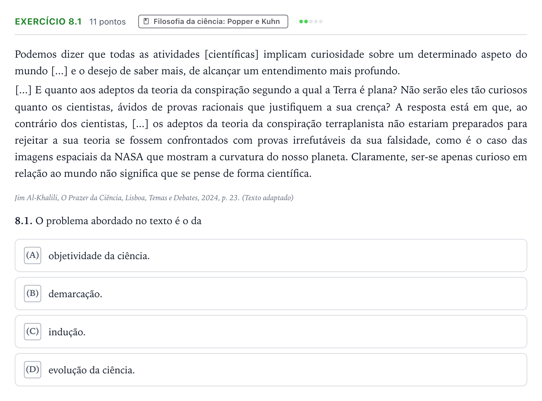Enunciado: Exercício 8.1 · Exame Nacional Filosofia 1.ª fase 2025