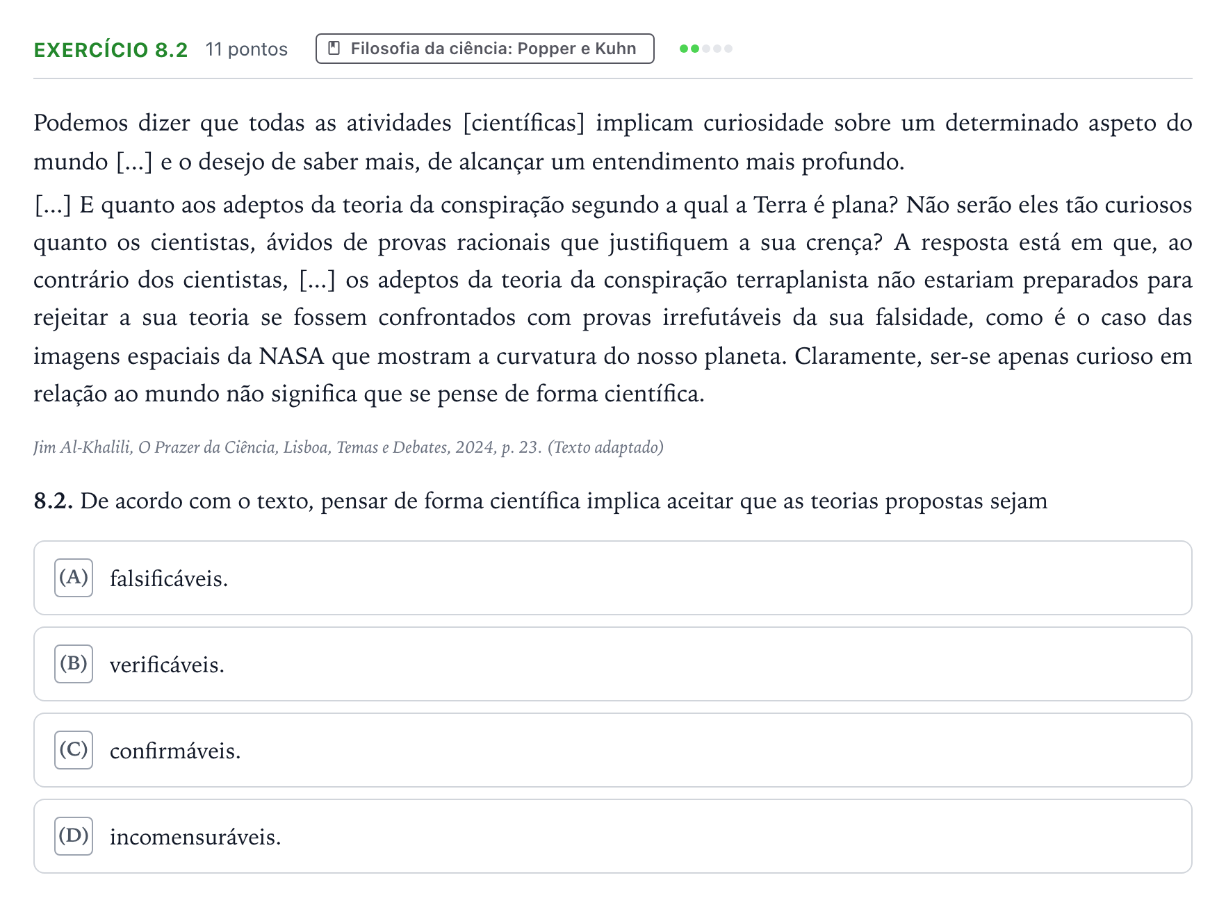 Enunciado: Exercício 8.2 · Exame Nacional Filosofia 1.ª fase 2025