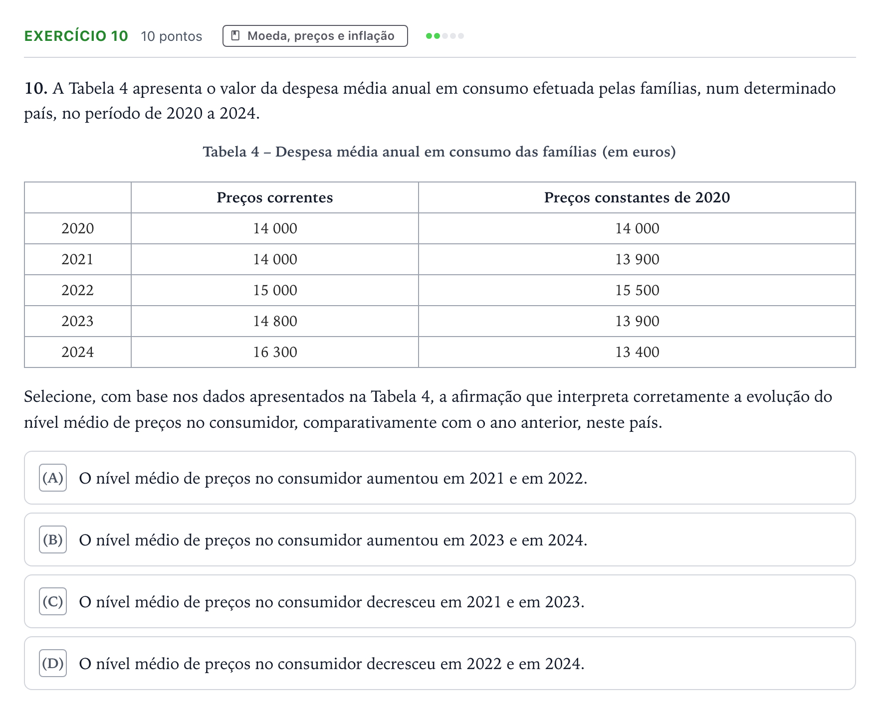 Enunciado: Exercício 10 · Exame Nacional Economia A 2.ª fase 2025