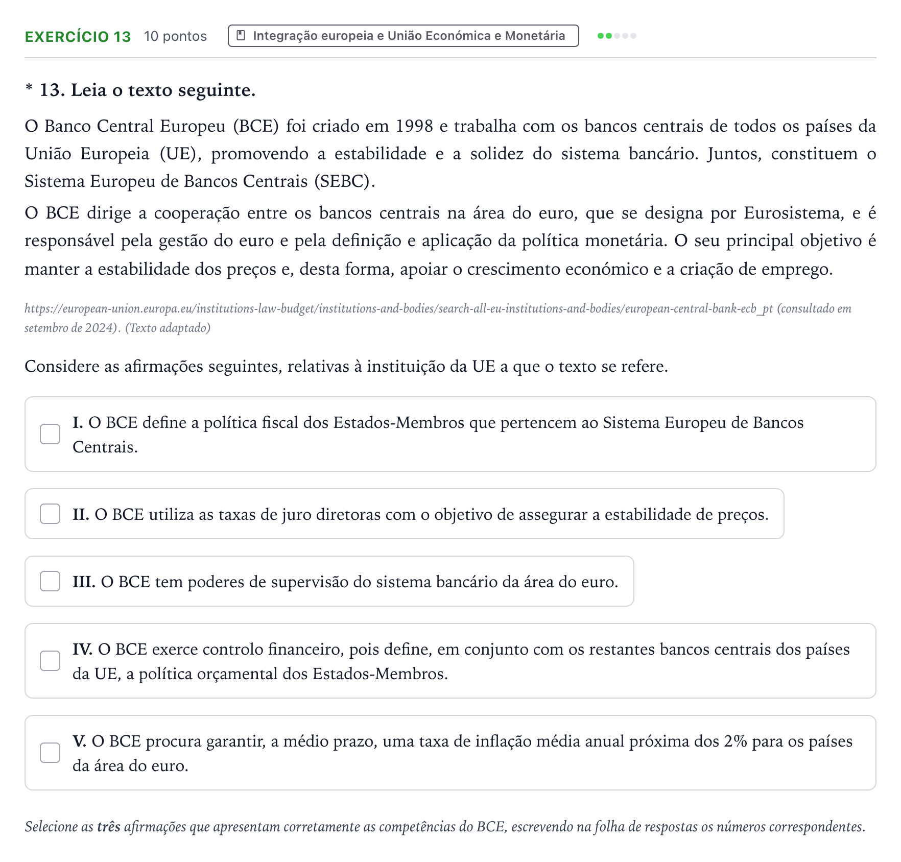 Enunciado: Exercício 13 · Exame Nacional Economia A 2.ª fase 2025