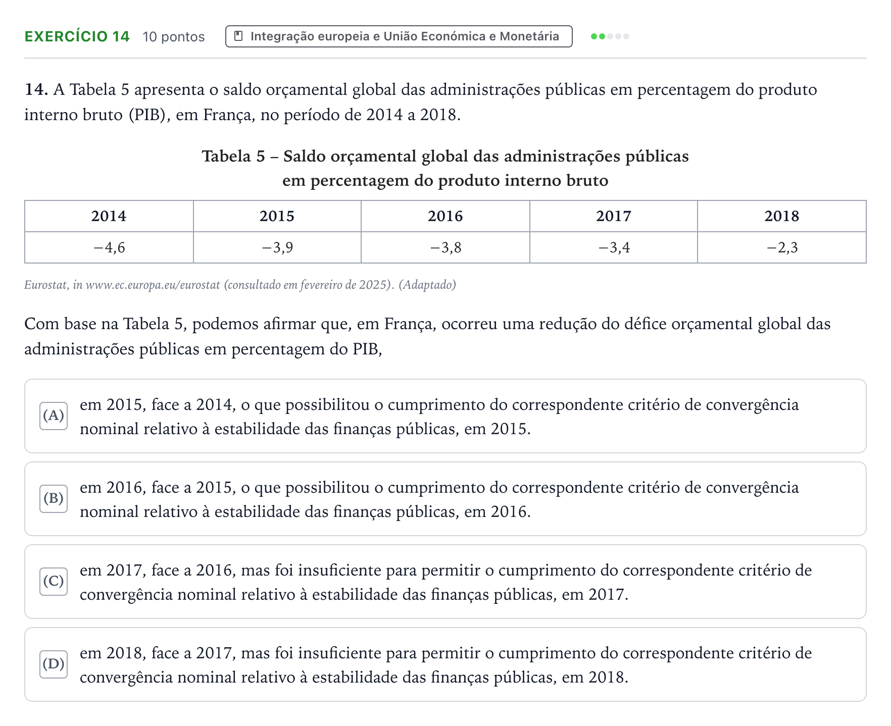 Enunciado: Exercício 14 · Exame Nacional Economia A 2.ª fase 2025