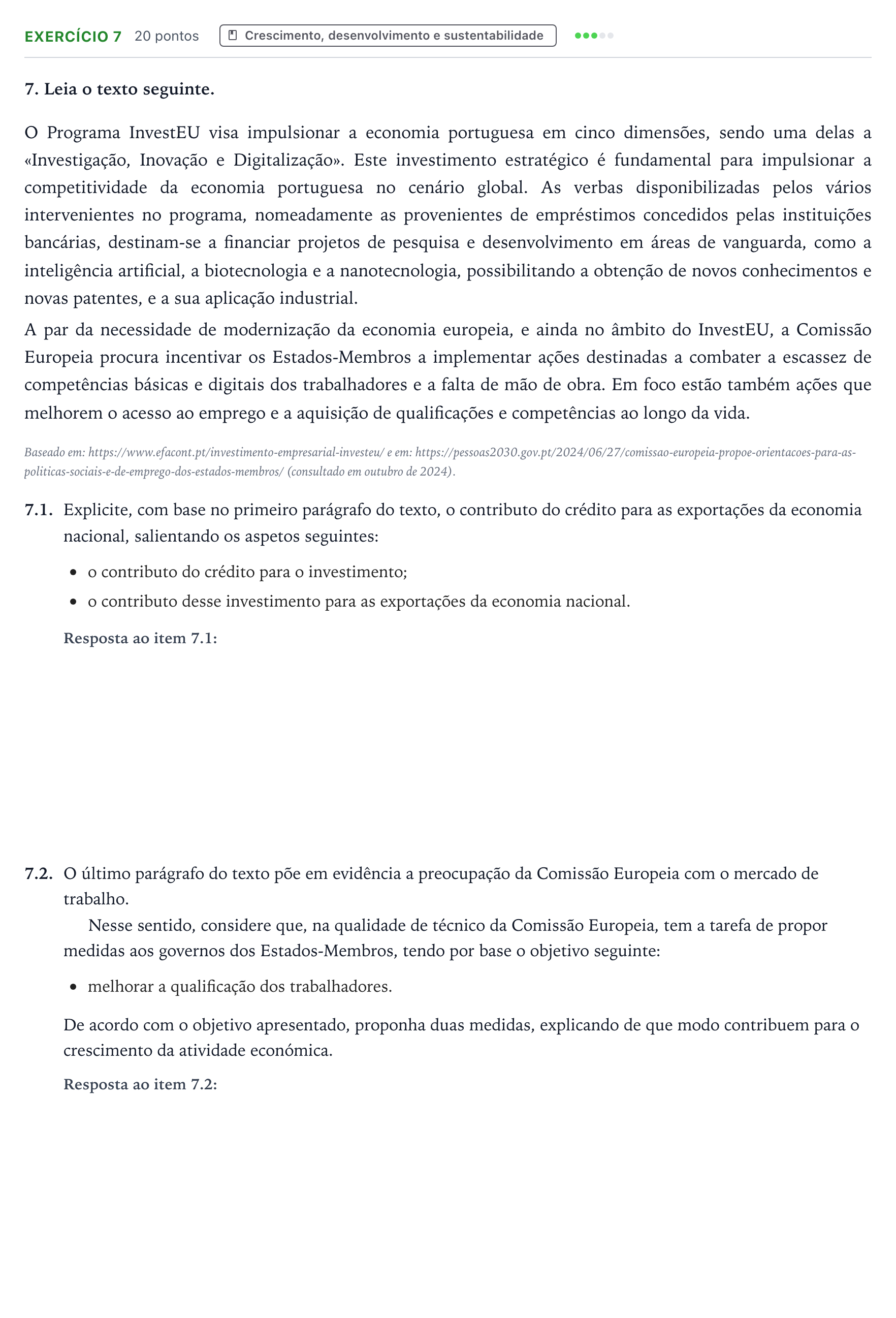 Enunciado: Exercício 7 · Exame Nacional Economia A 2.ª fase 2025
