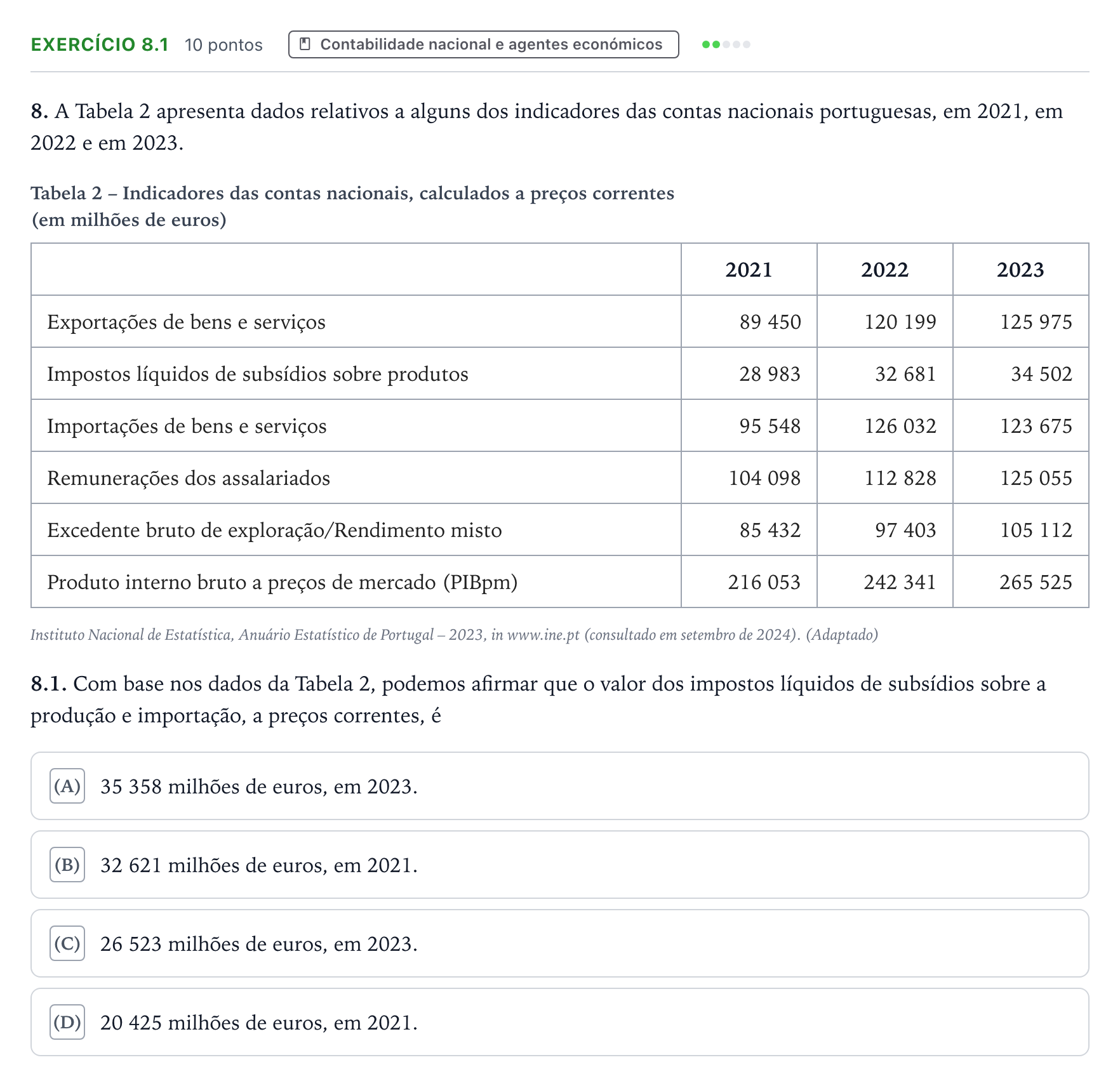 Enunciado: Exercício 8.1 · Exame Nacional Economia A 2.ª fase 2025