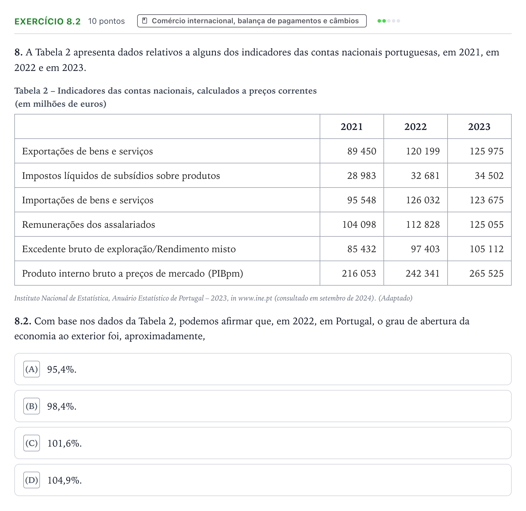 Enunciado: Exercício 8.2 · Exame Nacional Economia A 2.ª fase 2025