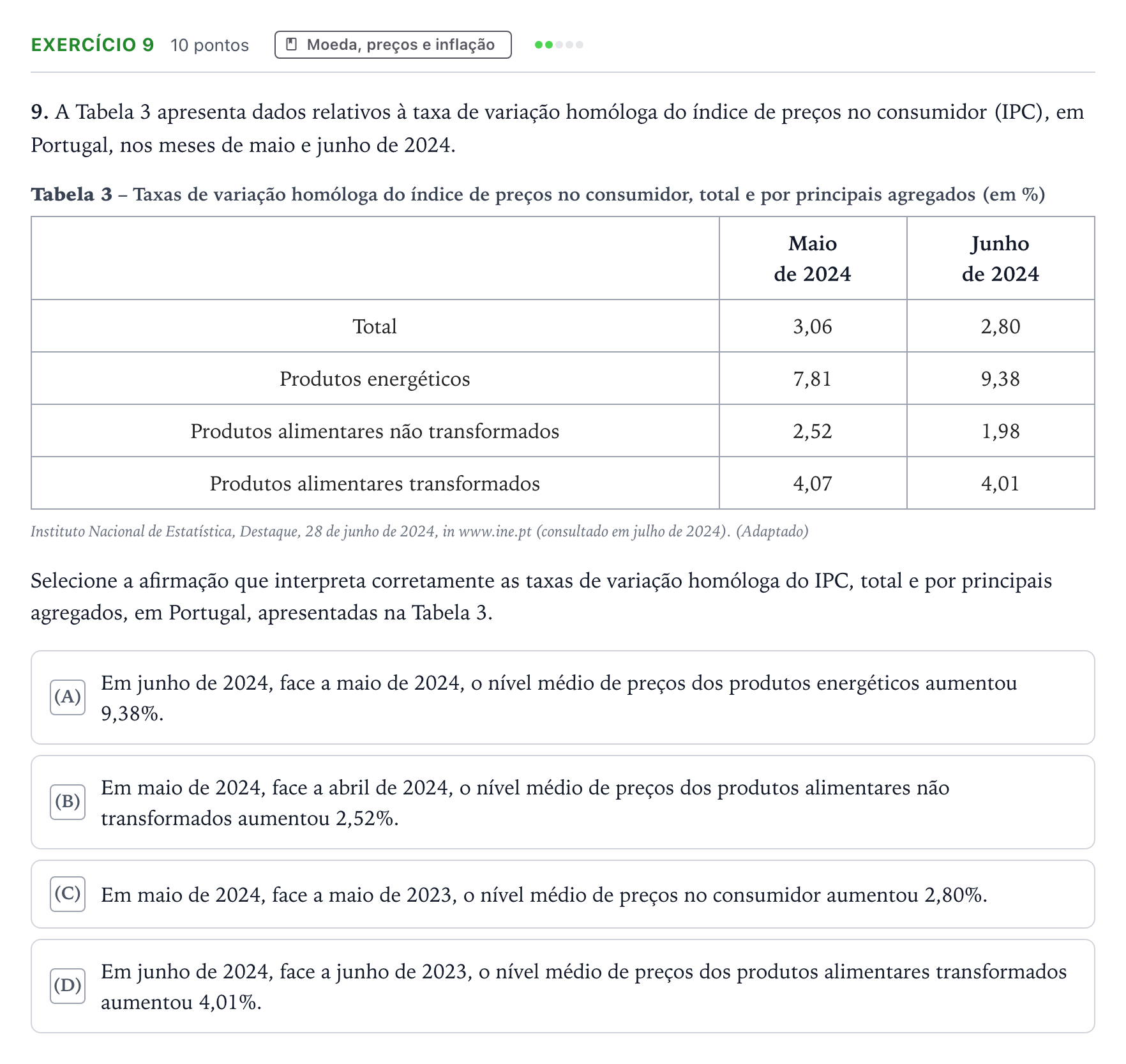 Enunciado: Exercício 9 · Exame Nacional Economia A 2.ª fase 2025