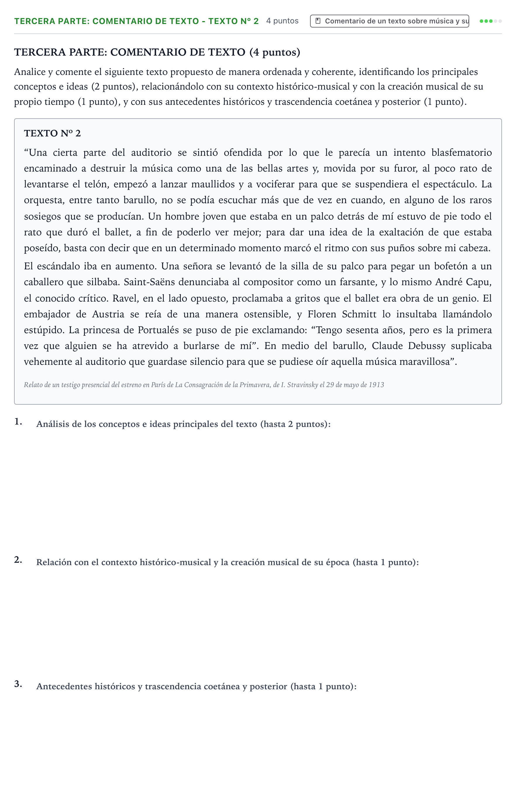 Enunciado: Ejercicio Tercera parte: Comentario de texto - Texto nº 2 · Historia de la Música y de la Danza PAU Castilla y León Extraordinaria 2025