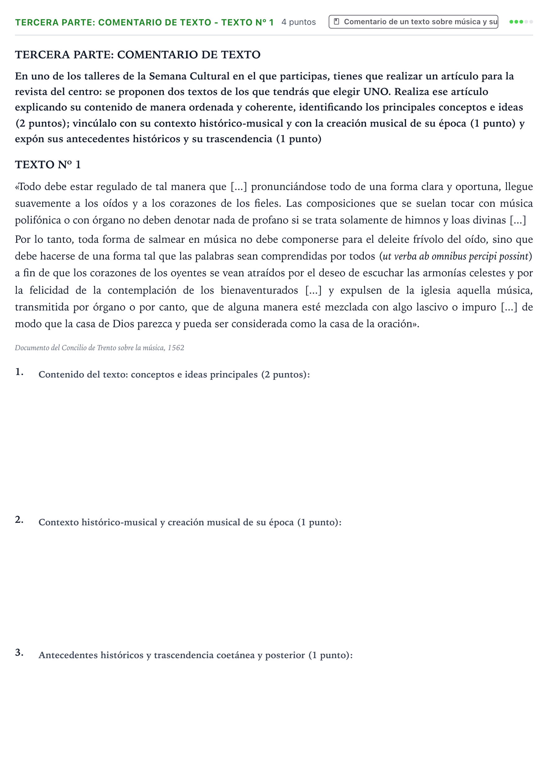 Enunciado: Ejercicio Tercera parte: Comentario de texto - Texto nº 1 · Historia de la Música y de la Danza PAU Castilla y León Ordinaria 2025