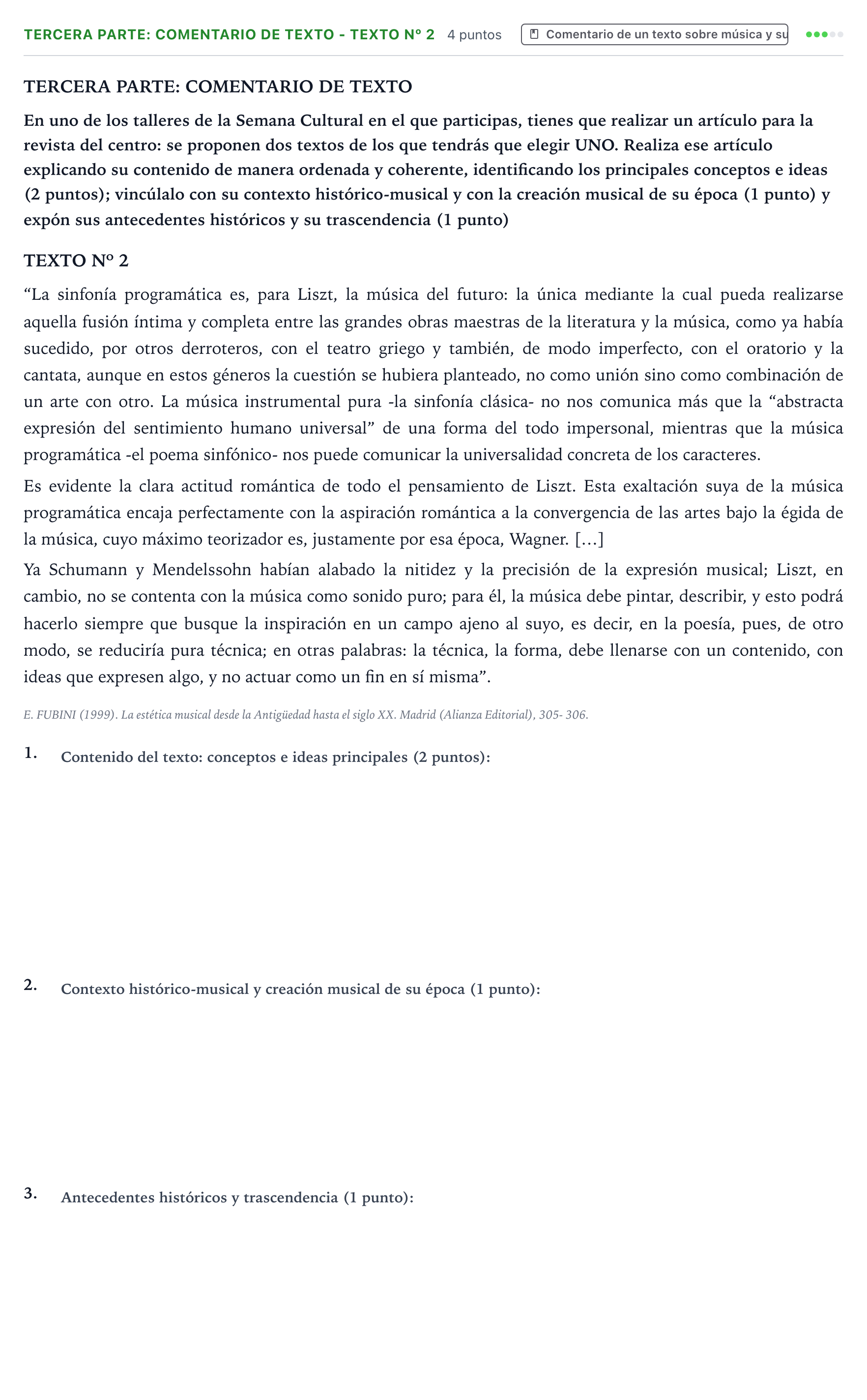 Enunciado: Ejercicio Tercera parte: Comentario de texto - Texto nº 2 · Historia de la Música y de la Danza PAU Castilla y León Ordinaria 2025