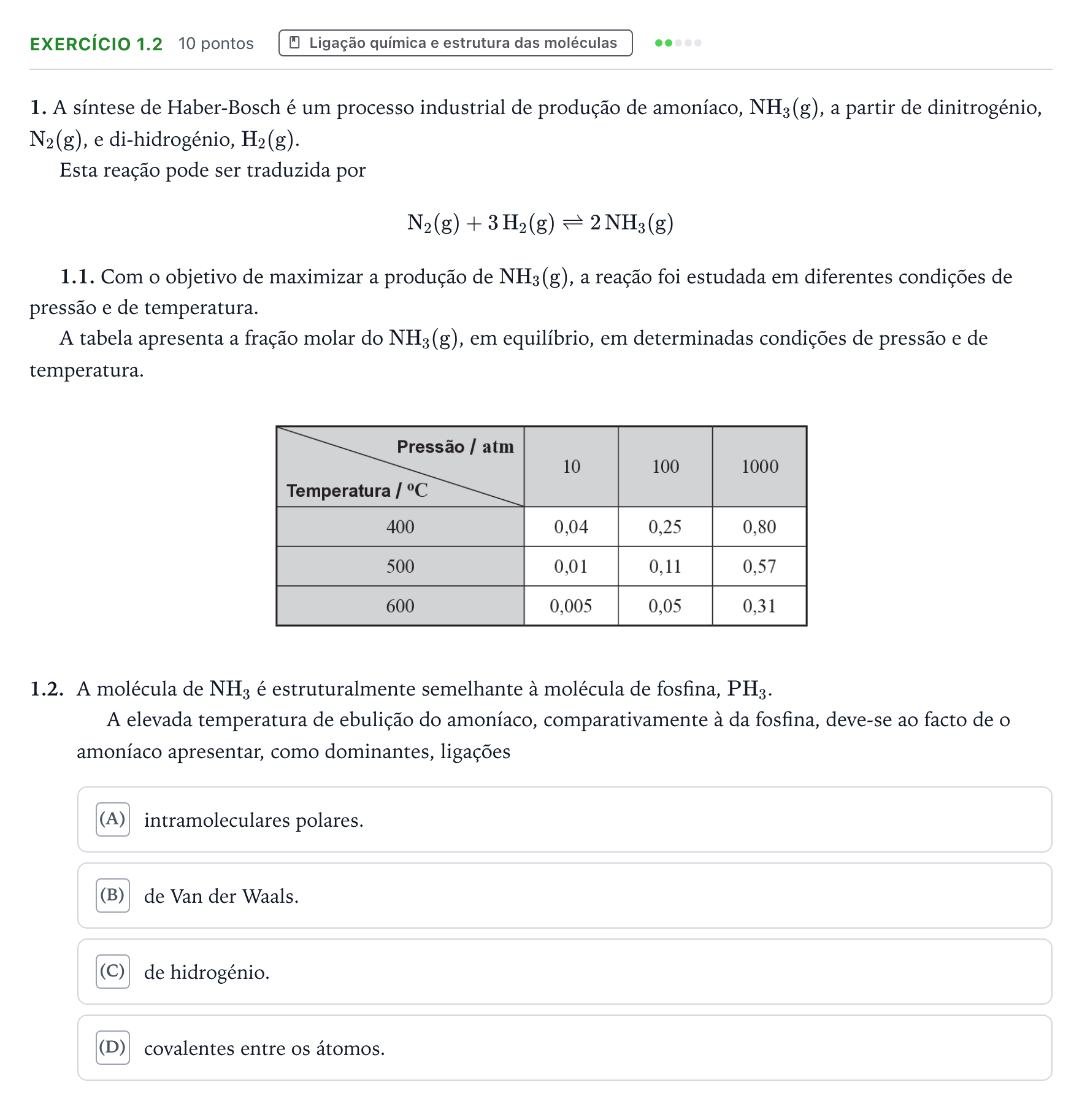 Enunciado: Exercício 1.2 - Ligação química e estrutura das moléculas · Exame Nacional Física e Química A 2.ª fase 2025