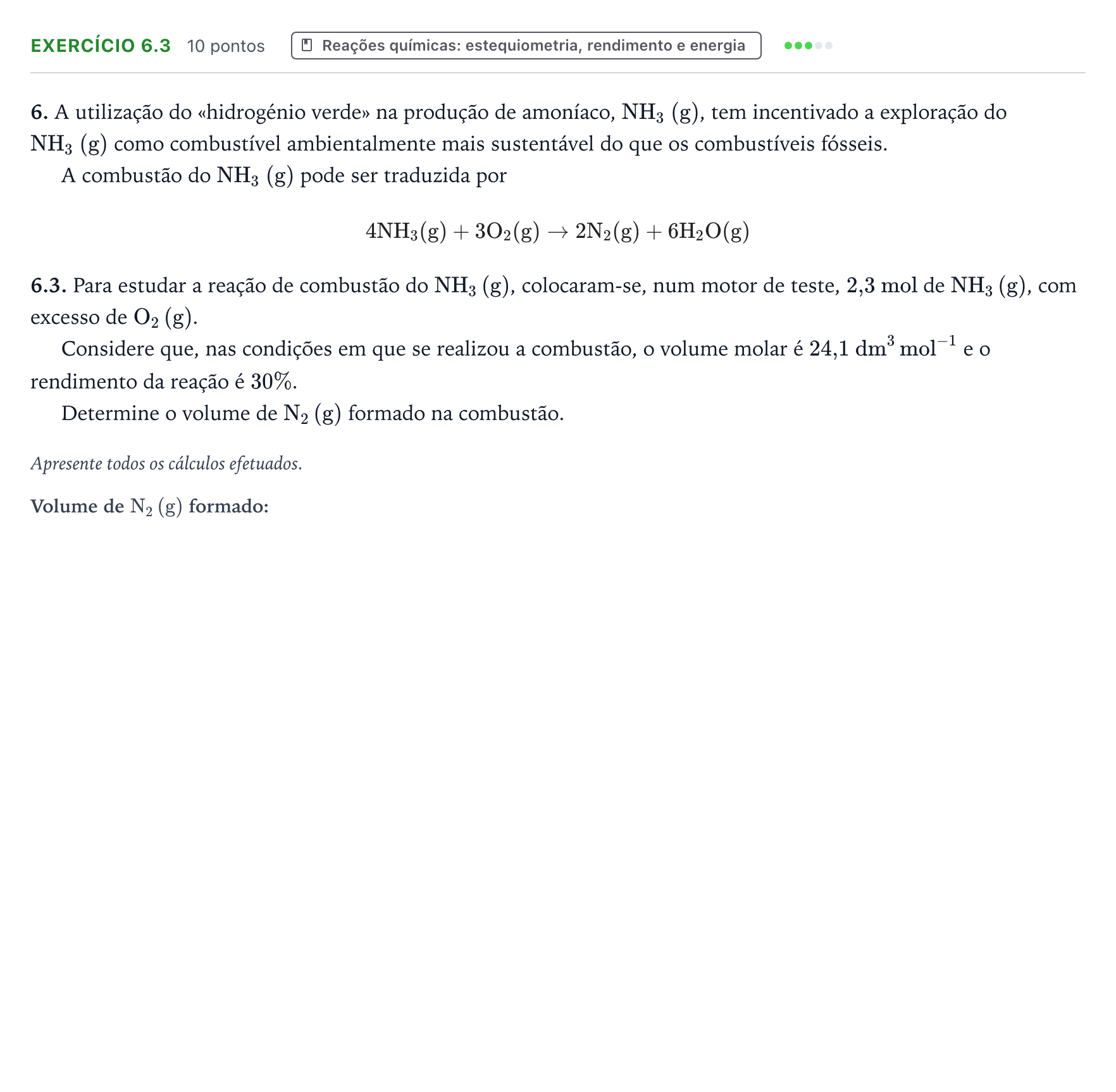 Enunciado: Exercício 6.3 - Reações químicas: estequiometria, rendiment… · Exame Nacional Física e Química A 2.ª fase 2025
