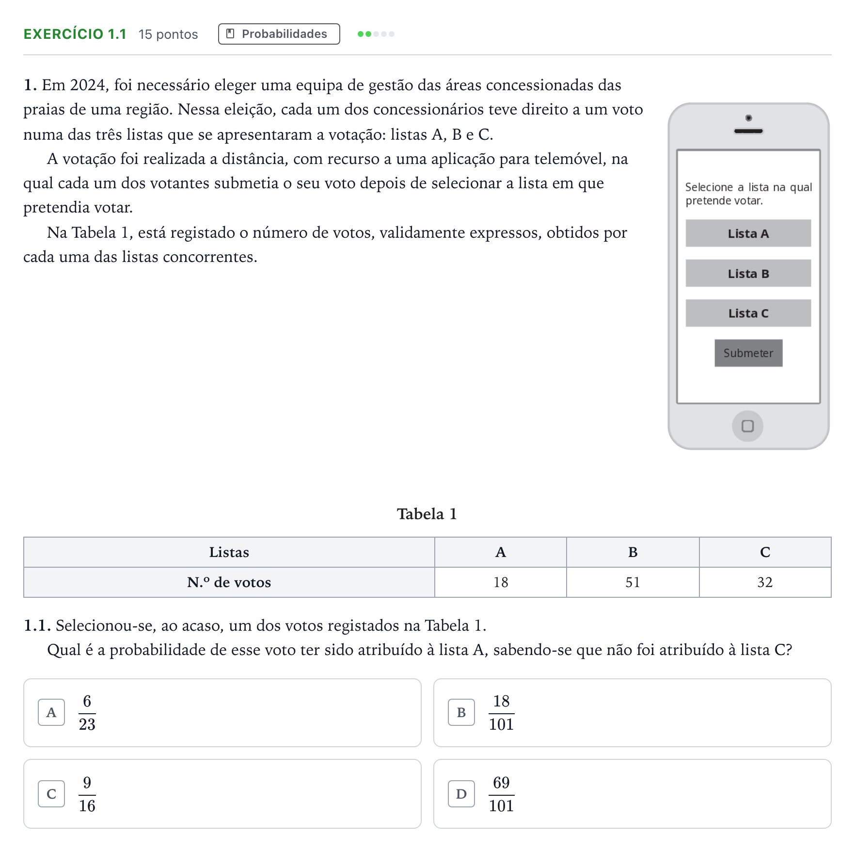 Enunciado: Exercício 1.1 · Exame Nacional Matemática Aplicada às Ciências Sociais 1.ª fase 2025