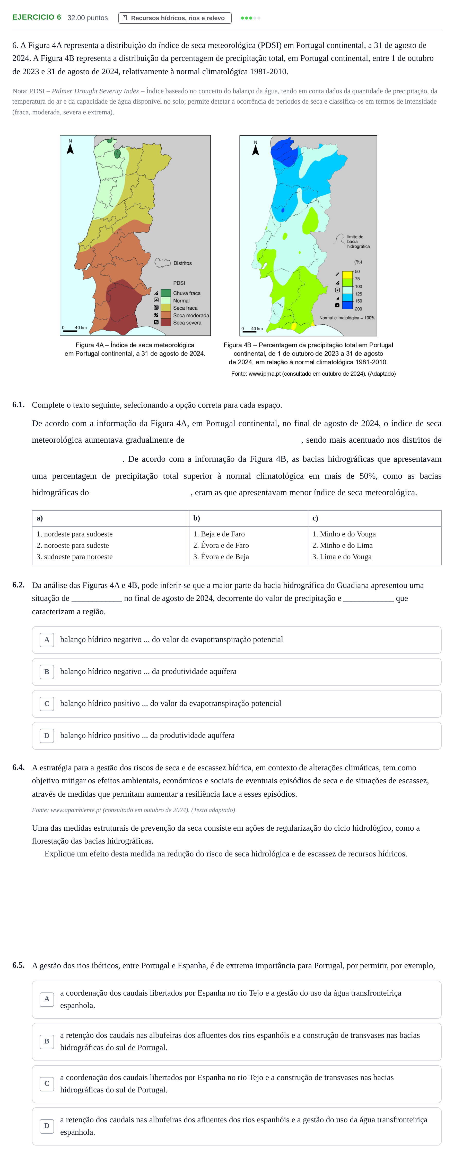 Enunciado: Exercício 6 - Recursos hídricos, rios e relevo · Exame Nacional Geografia A 1.ª fase 2025