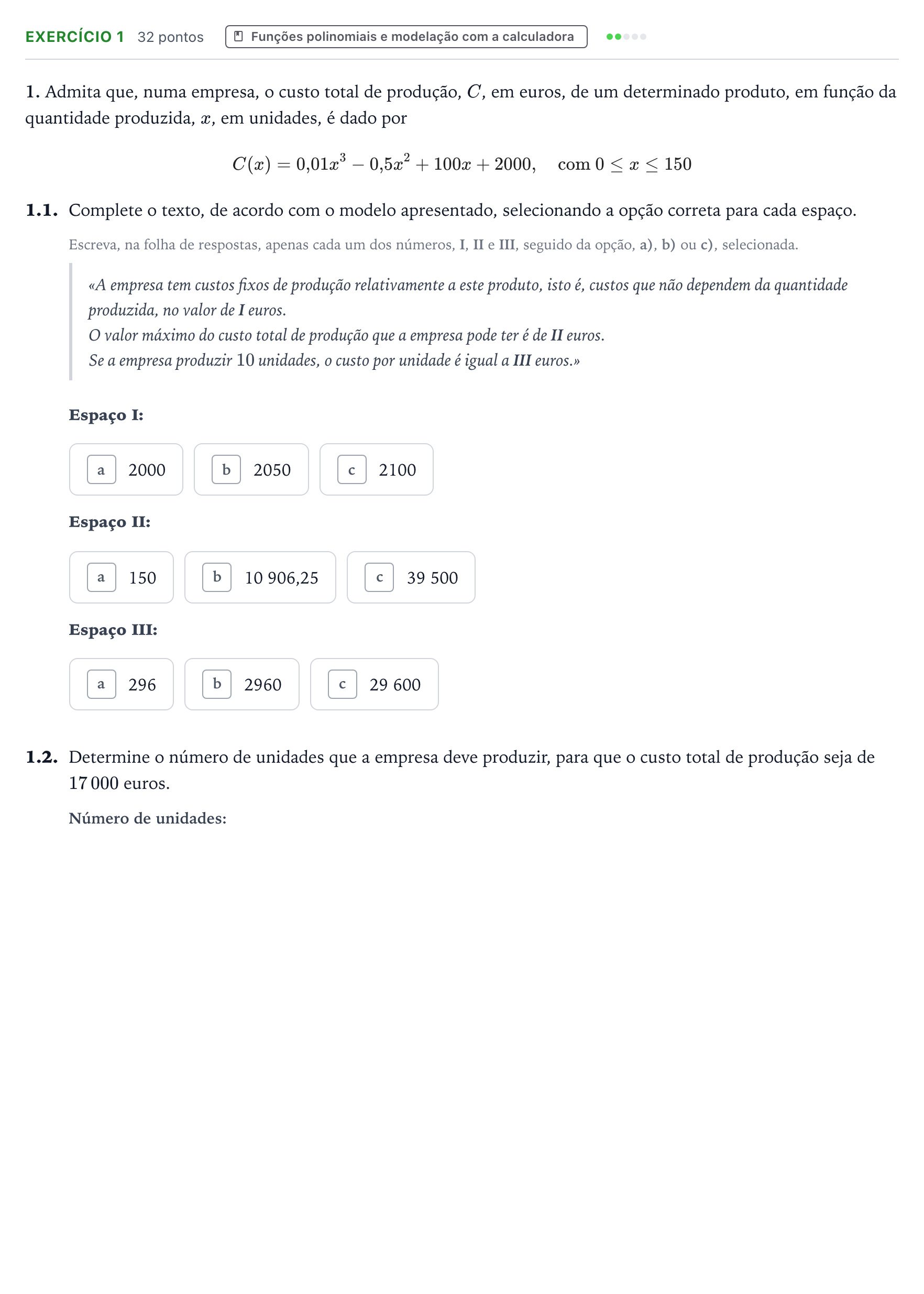 Enunciado: Exercício 1 · Exame Nacional Matemática B 2.ª fase 2025