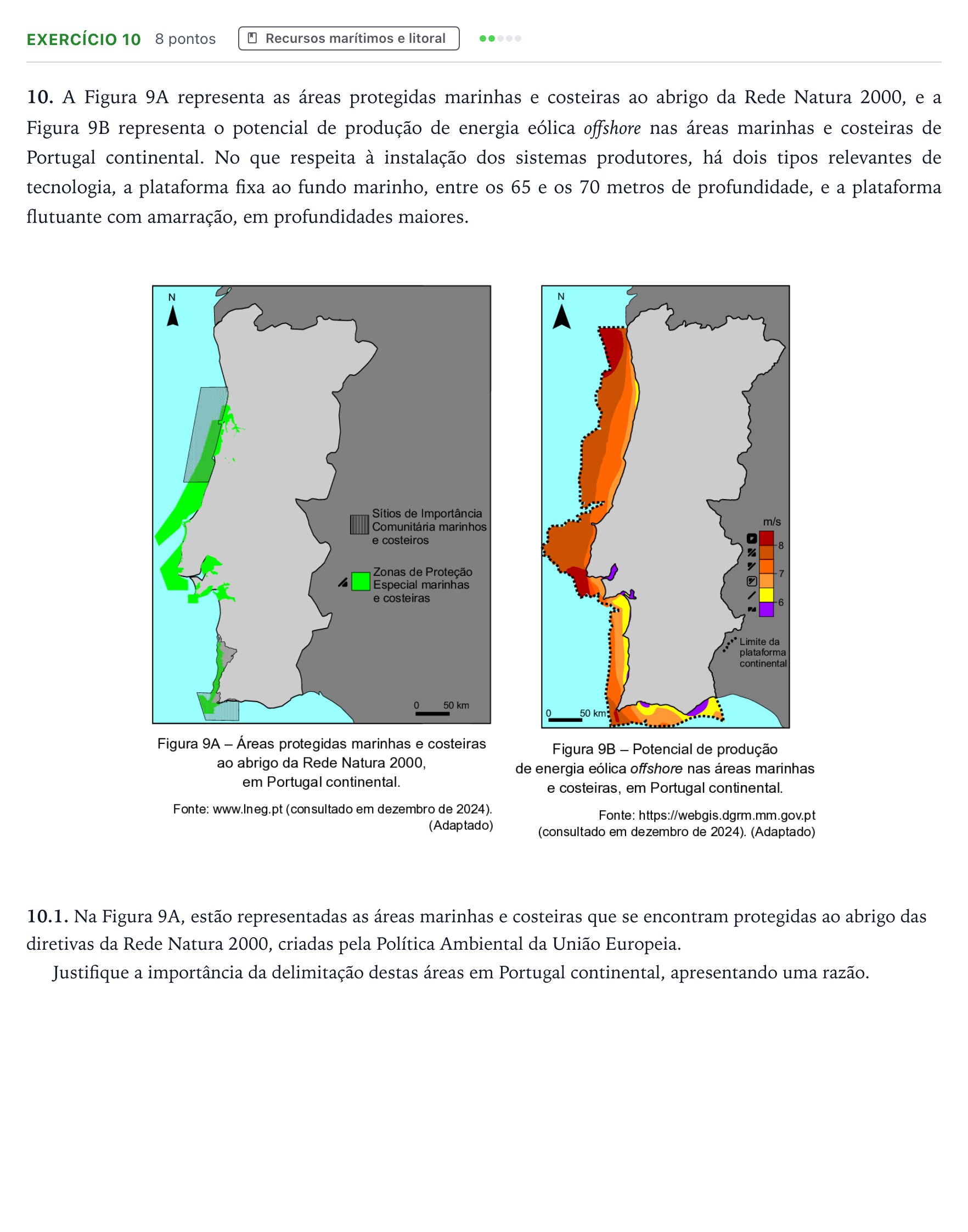 Enunciado: Exercício 10 - Recursos marítimos e litoral · Exame Nacional Geografia A 2.ª fase 2025