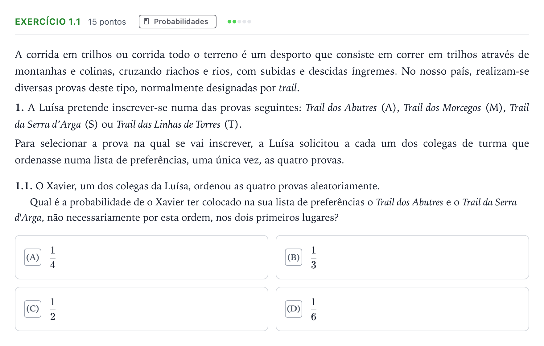 Enunciado: Exercício 1.1 · Exame Nacional Matemática Aplicada às Ciências Sociais 2.ª fase 2025